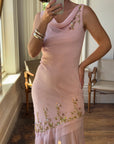 Vintage 90s Pure Silk Beaded Dress Baby Pink