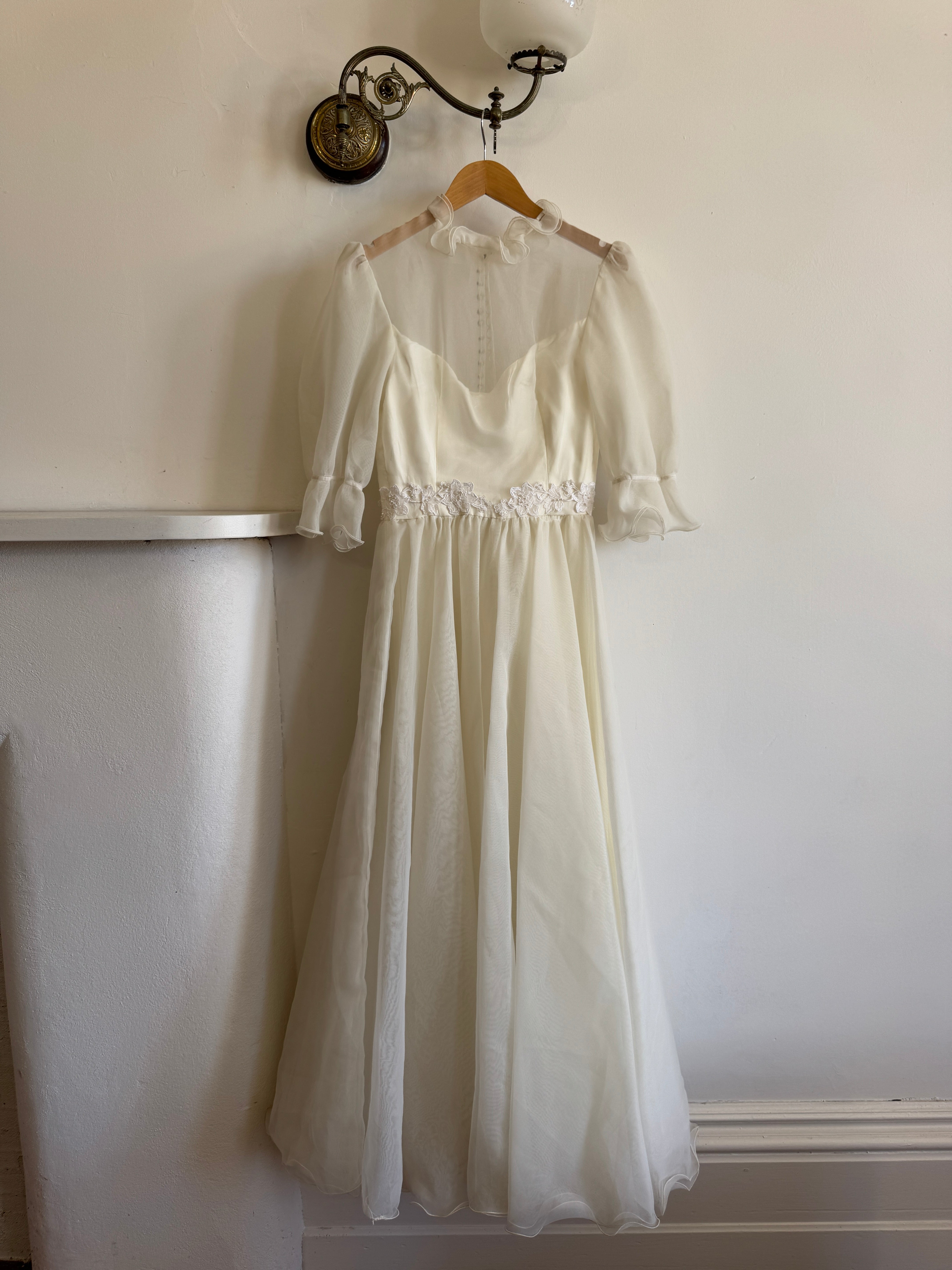 Vintage 70s Organza Ruffle Wedding Dress With Lace Applique