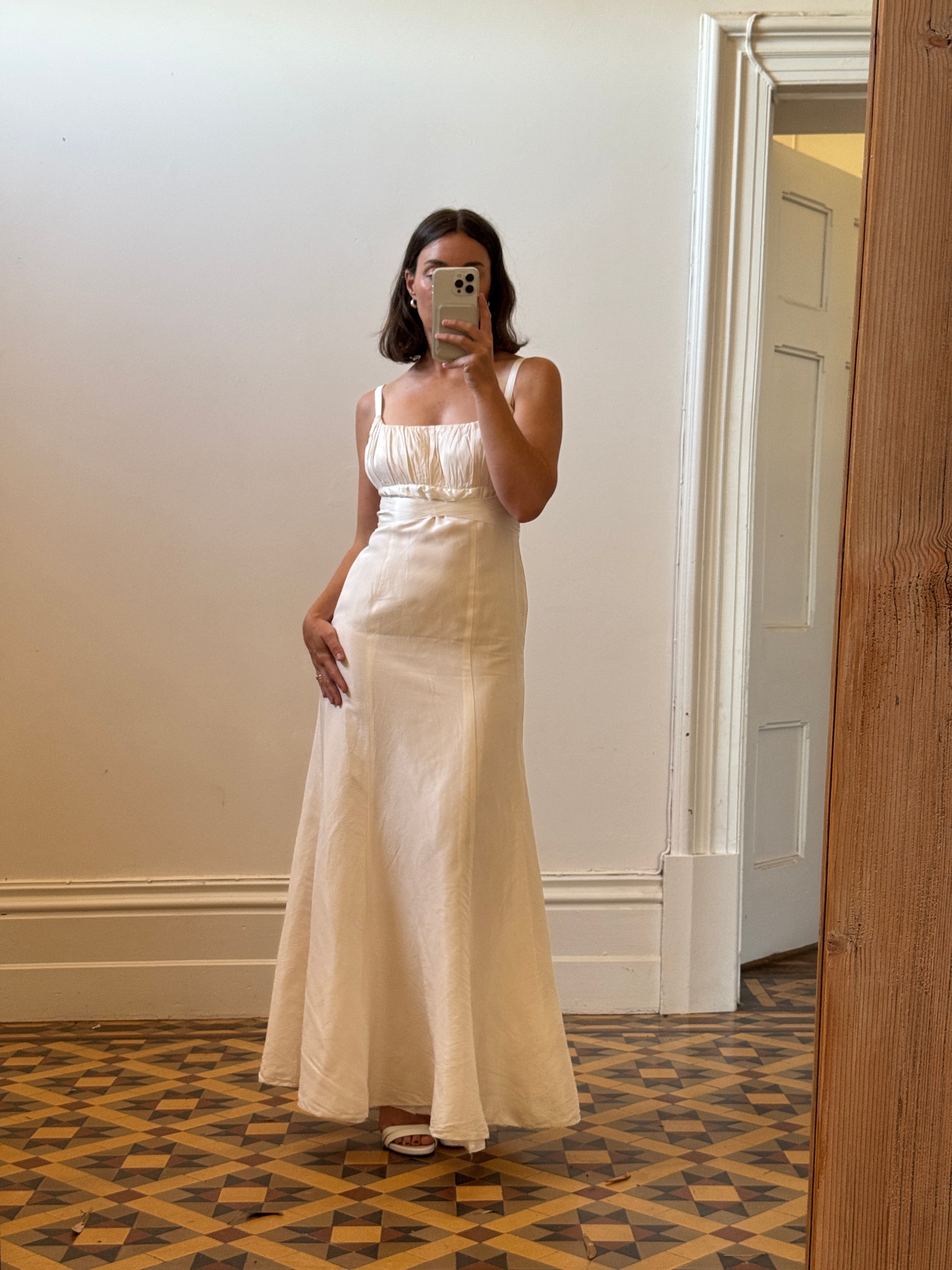 Vintage 90s Ivory Gathered Strappy Gown With Ribbon