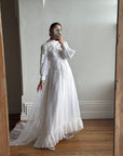 Vintage 60s Chiffon Floral Applique Wedding Gown with Sheer Daisy Train