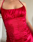 Vintage 90s Pure Silk Beaded Halter Gown Lipstick Red