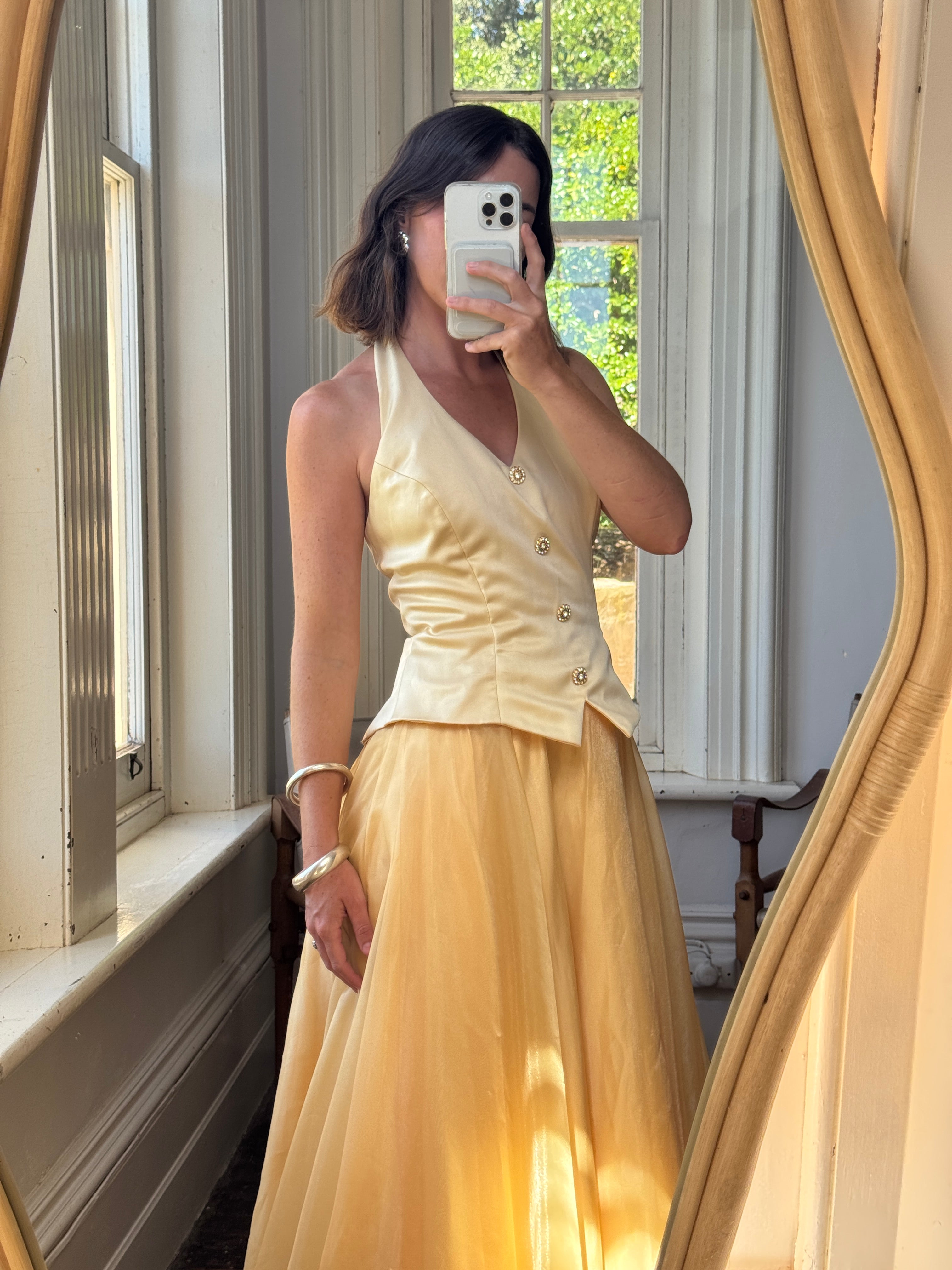 Vintage 80s Golden Chiffon Peplum Evening Gown