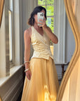 Vintage 80s Golden Chiffon Peplum Evening Gown