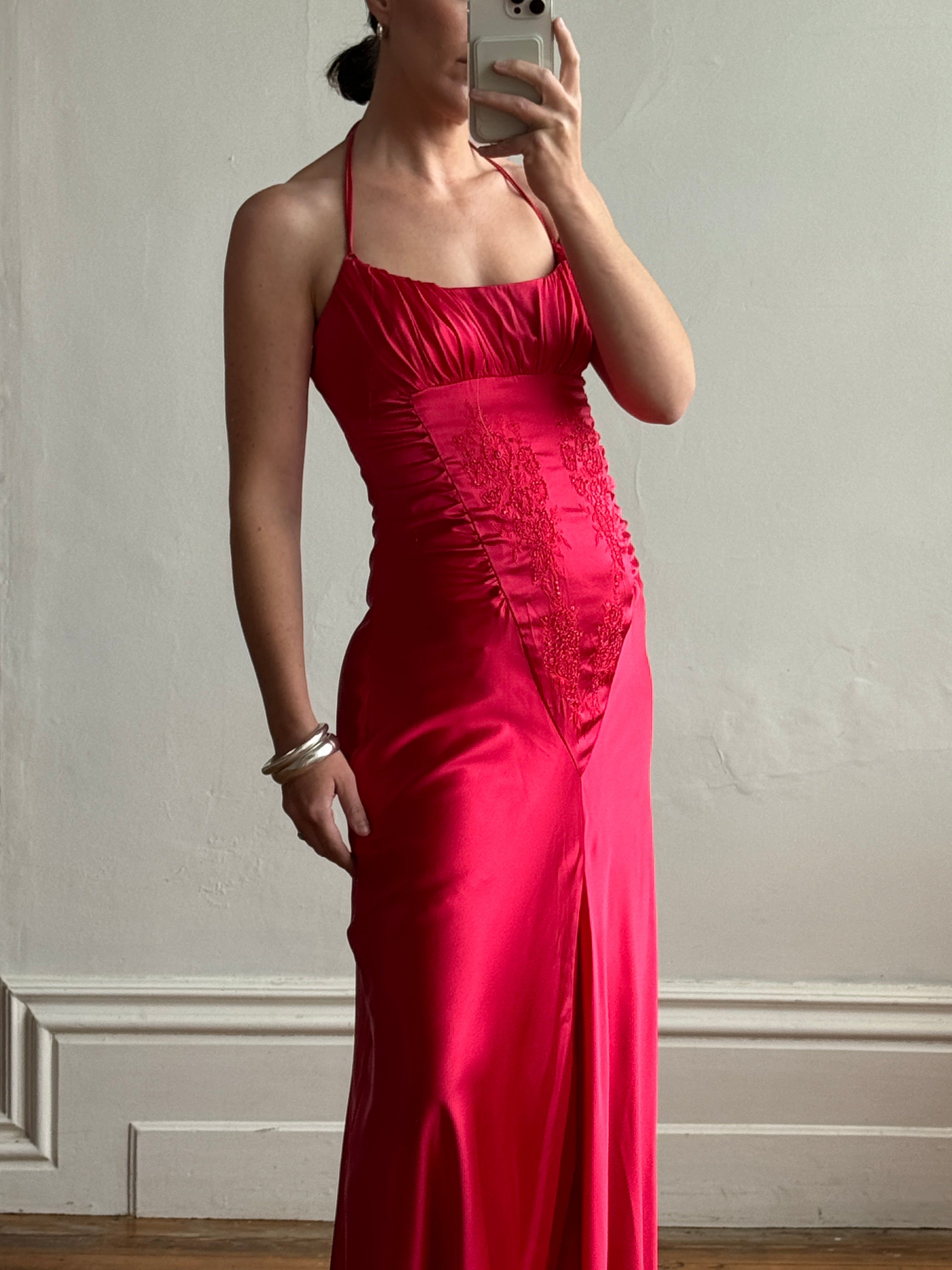 Vintage 90s Pure Silk Beaded Halter Gown Lipstick Red