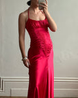 Vintage 90s Pure Silk Beaded Halter Gown Lipstick Red