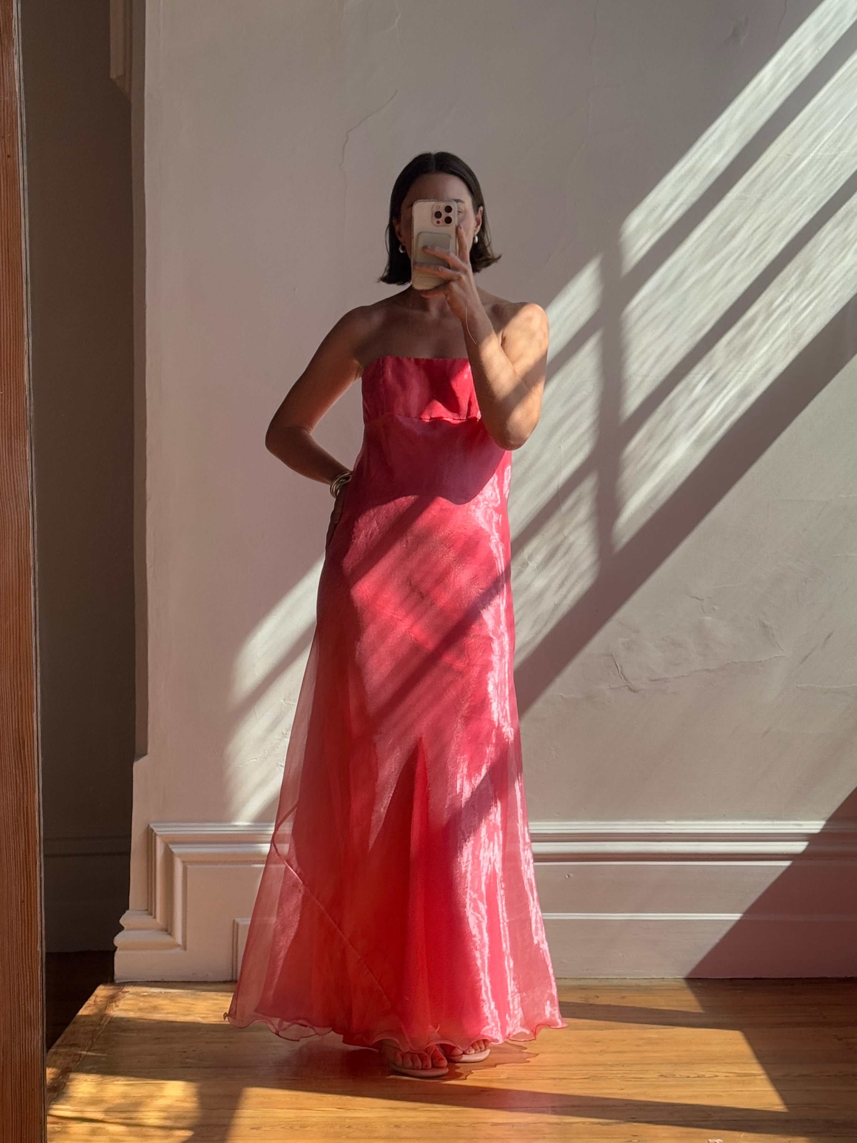 Vintage 90s Watermelon Shimmer Organza Strapless Gown