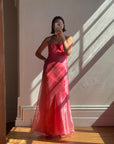 Vintage 90s Watermelon Shimmer Organza Strapless Gown