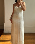 Vintage 90s Pure Silk Beaded Bridal Halter Midi Dress