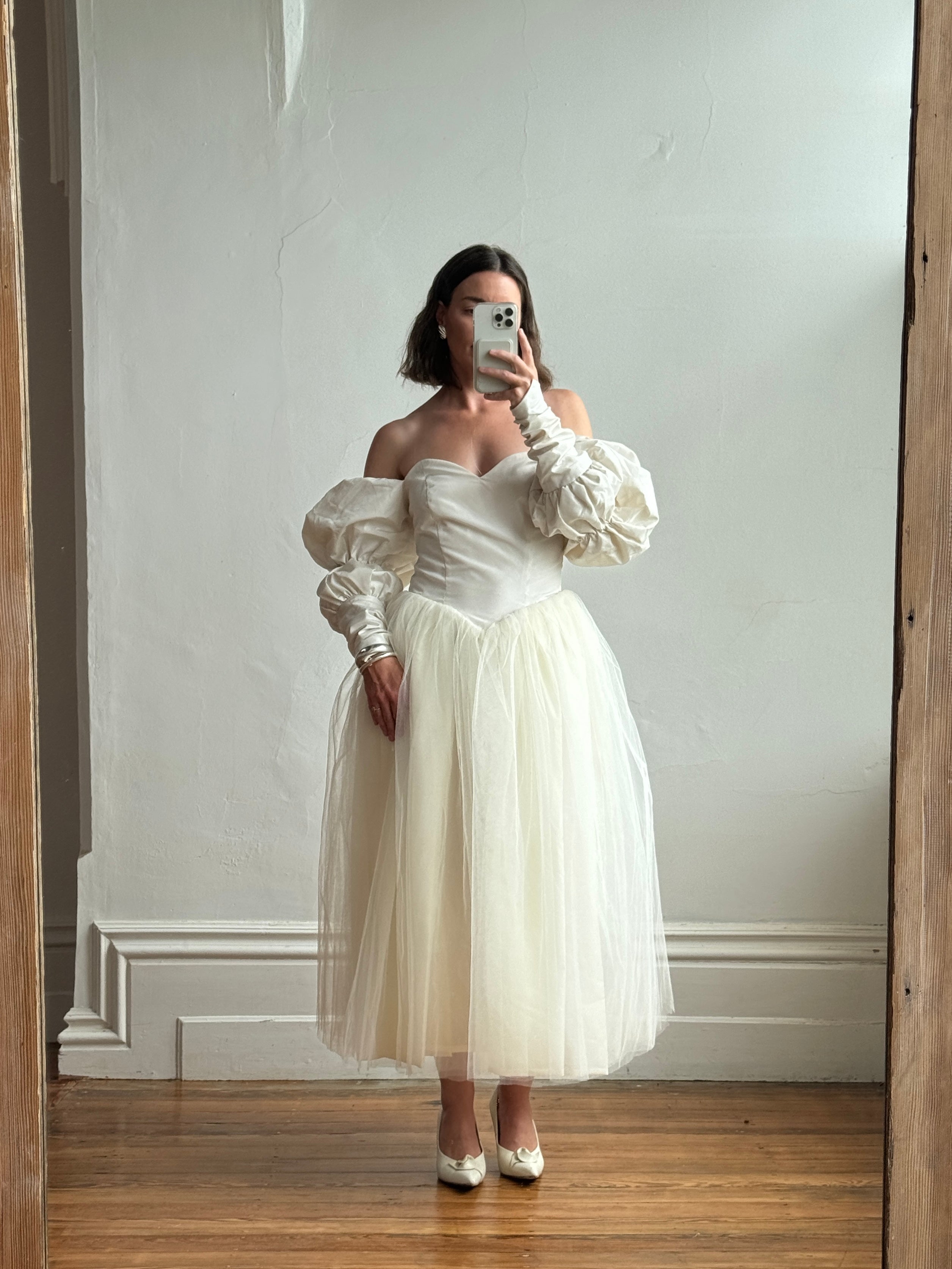 Vintage 80s Pure Silk and Tulle Off Shoulder Wedding Dress