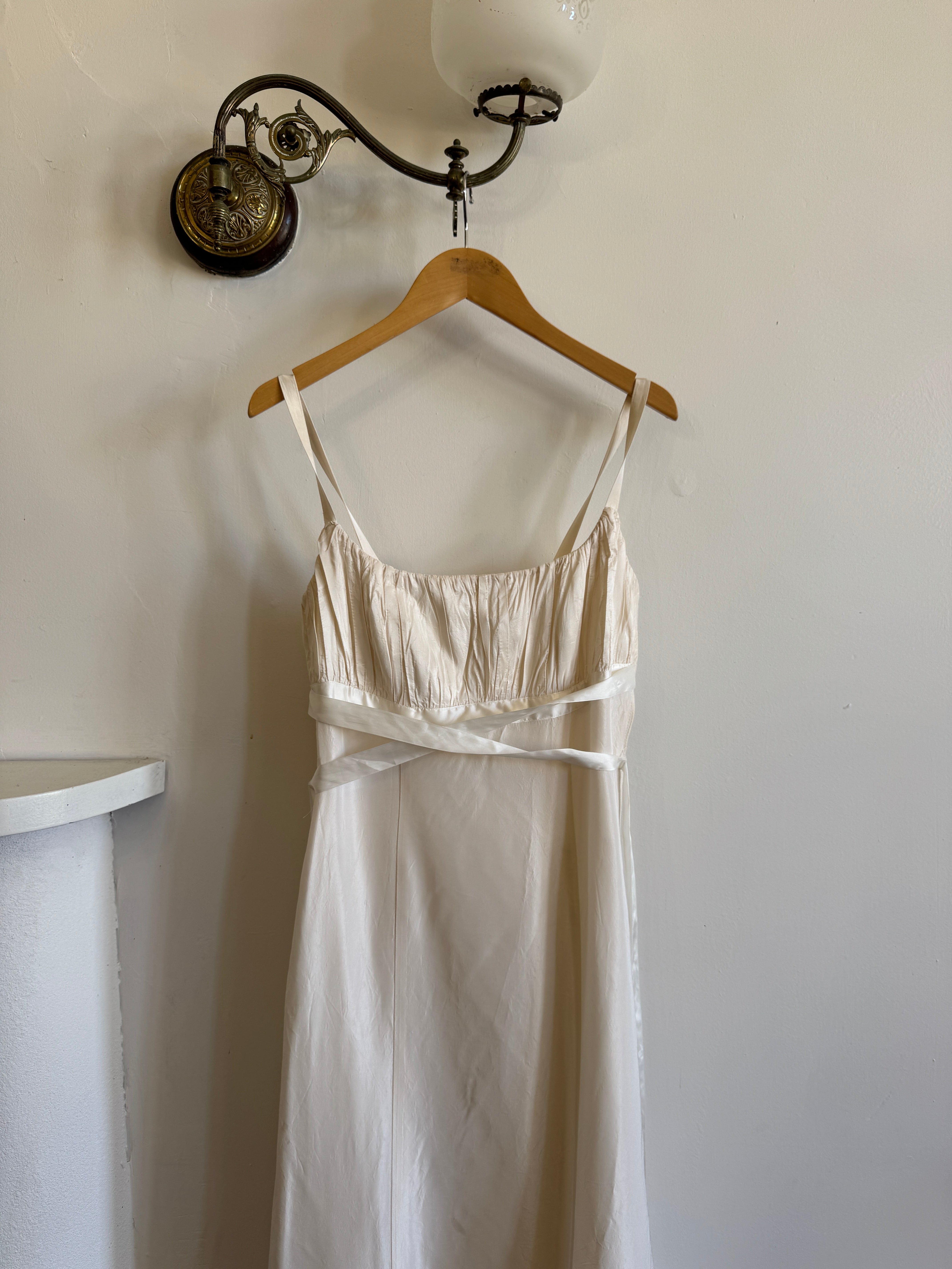 Vintage 90s Ivory Gathered Strappy Gown With Ribbon