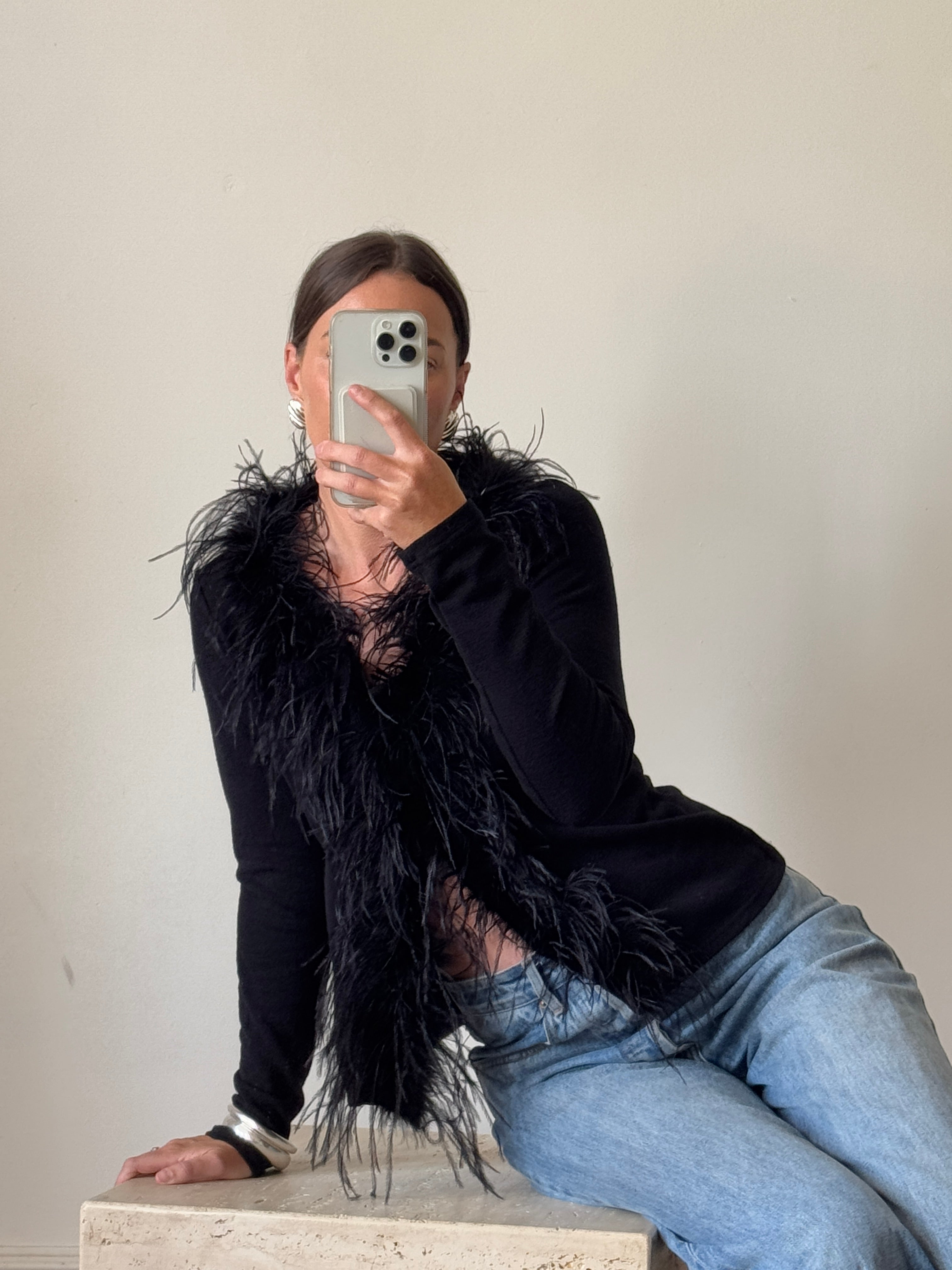 Vintage 90s Ostrich Feather Cardi Noir