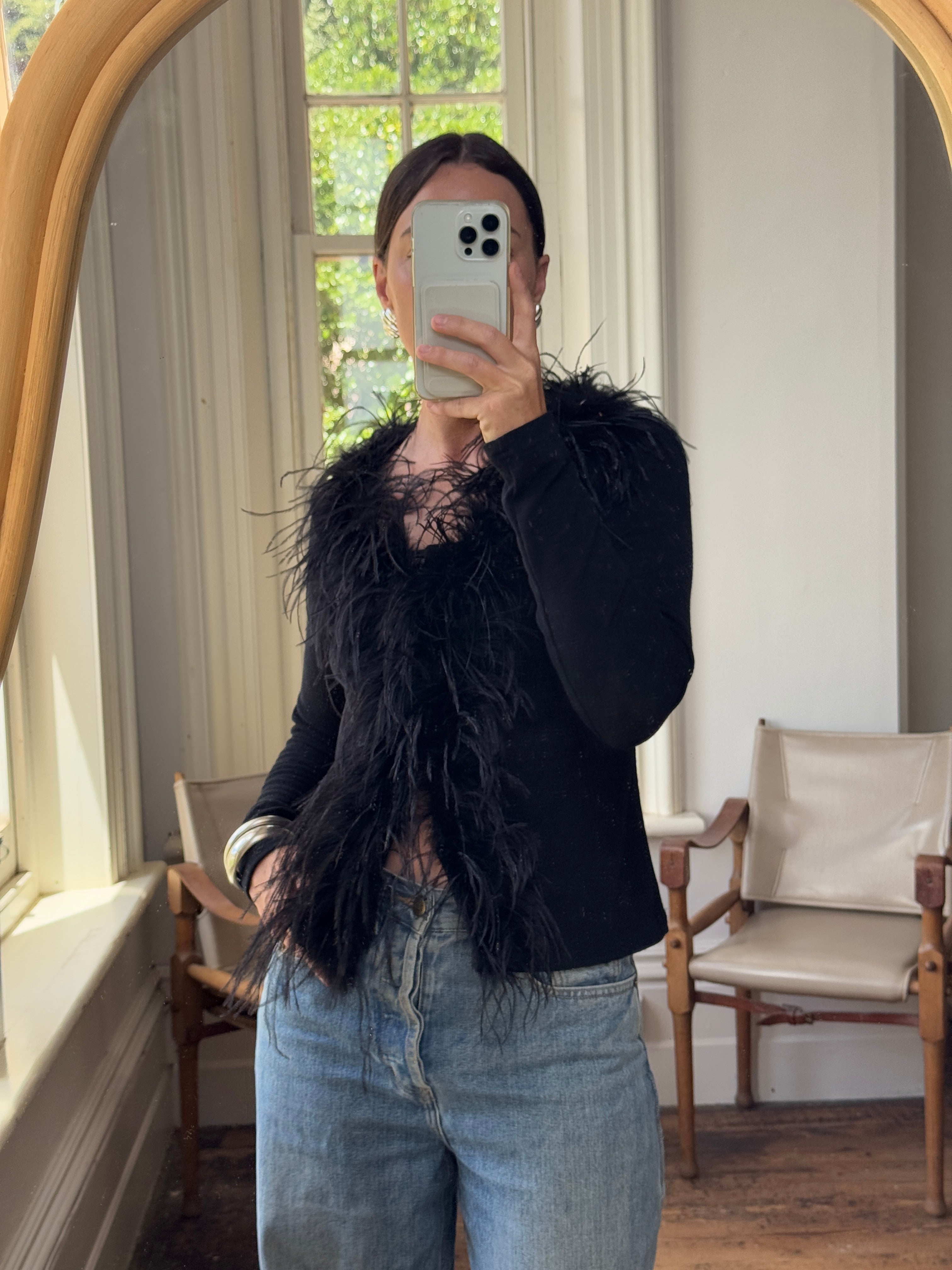 Vintage 90s Ostrich Feather Cardi Noir