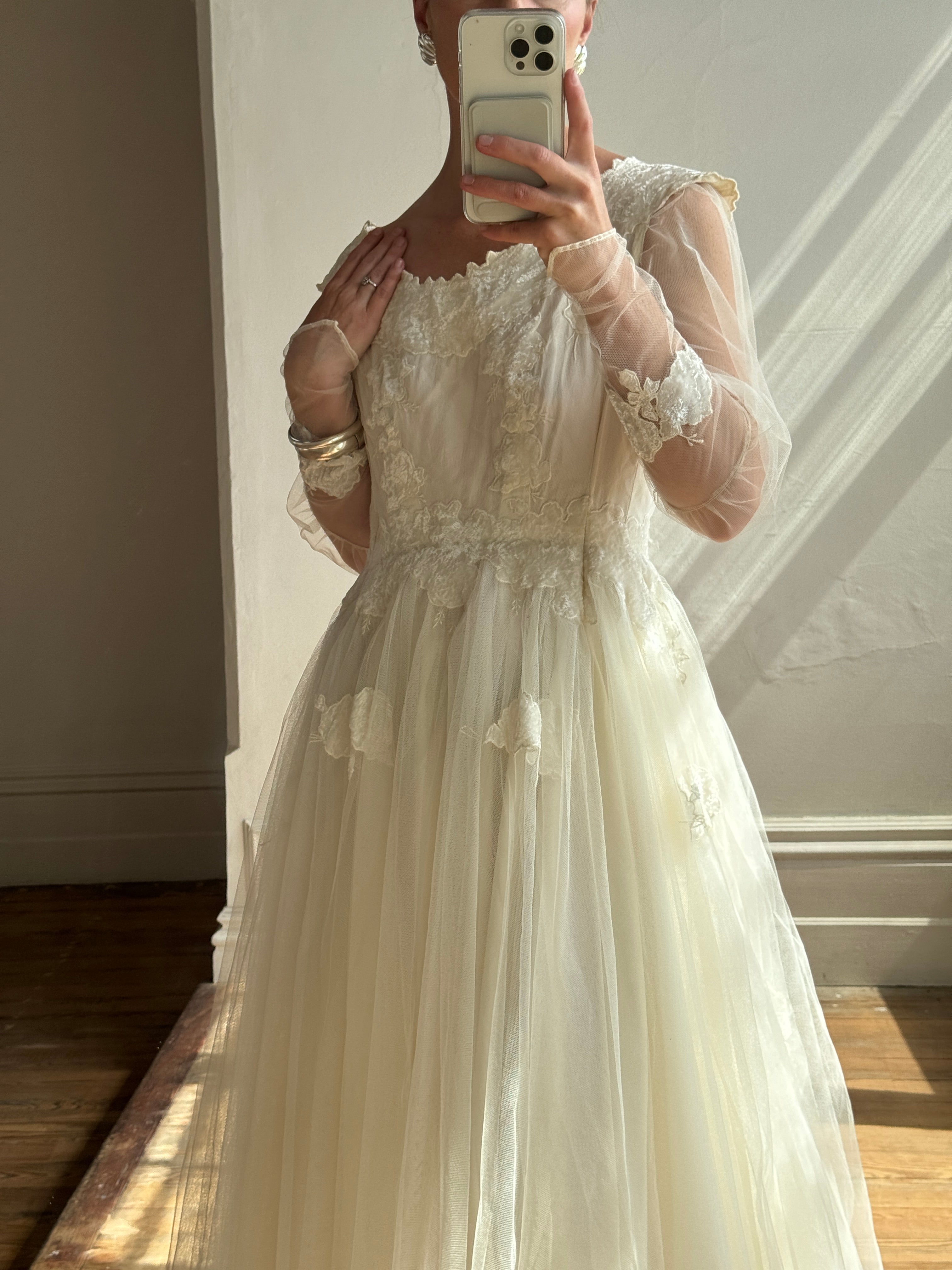 Vintage 70s Tulle and Velvet Long Sleeved Wedding Dress