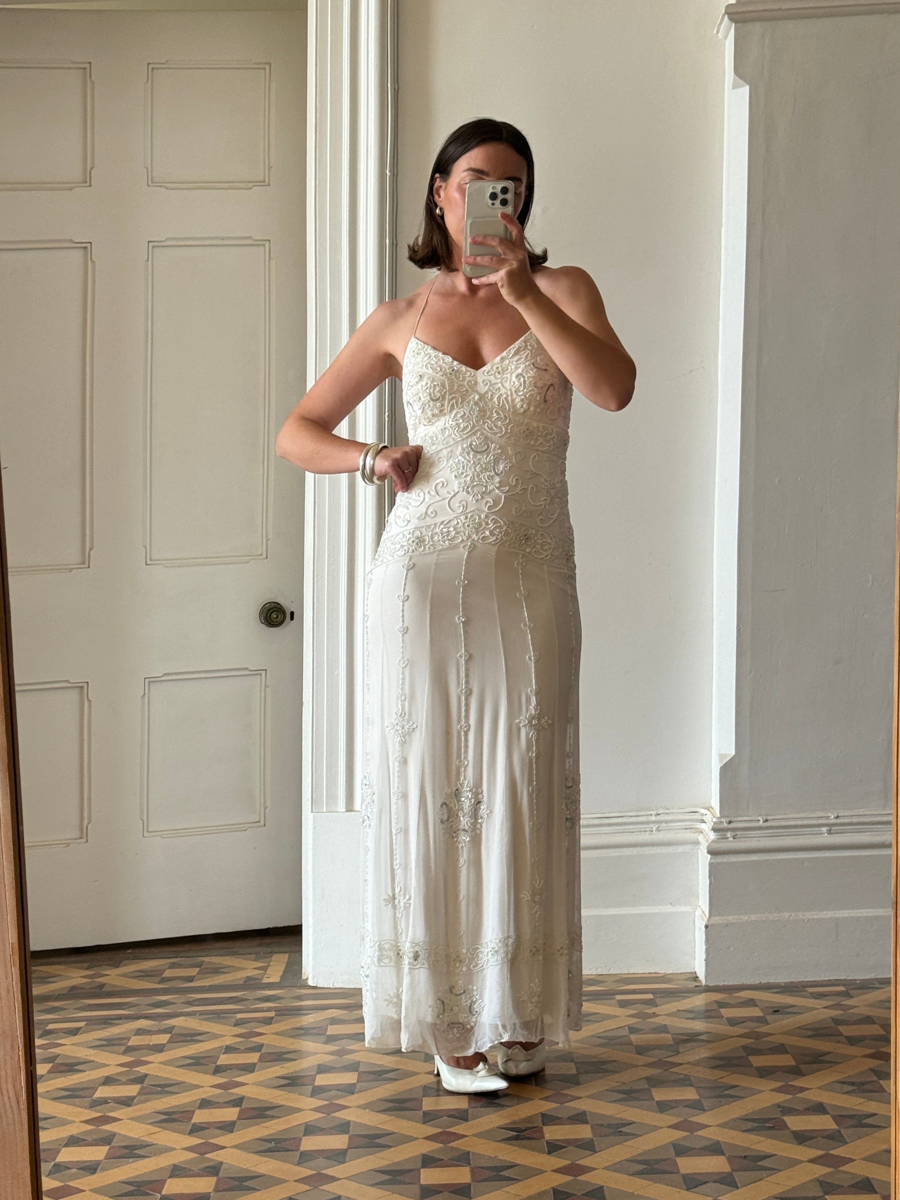 Vintage 90s Pure Silk Beaded Bridal Halter Midi Dress