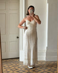 Vintage 90s Pure Silk Beaded Bridal Halter Midi Dress