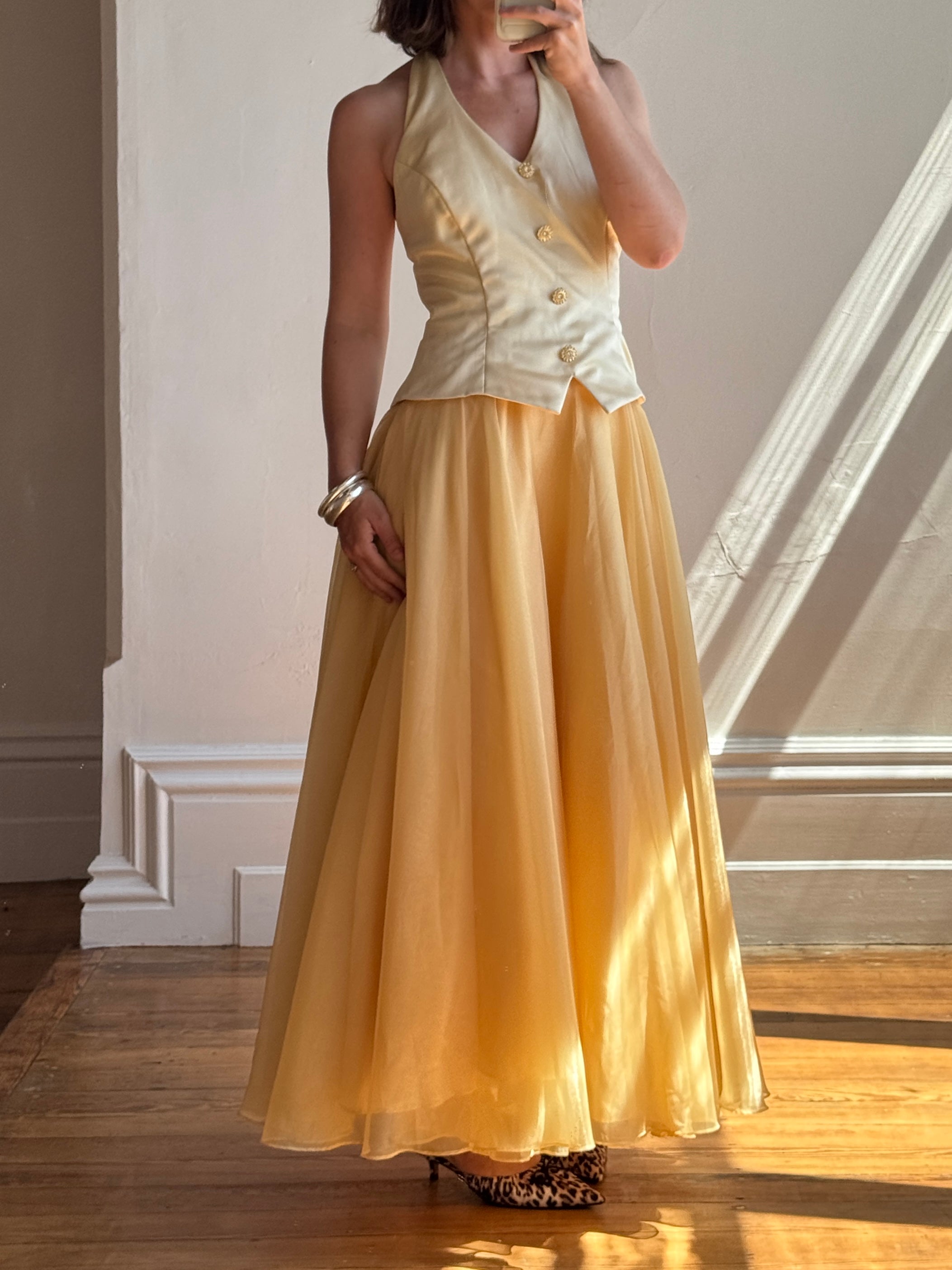 Vintage 80s Golden Chiffon Peplum Evening Gown