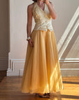 Vintage 80s Golden Chiffon Peplum Evening Gown