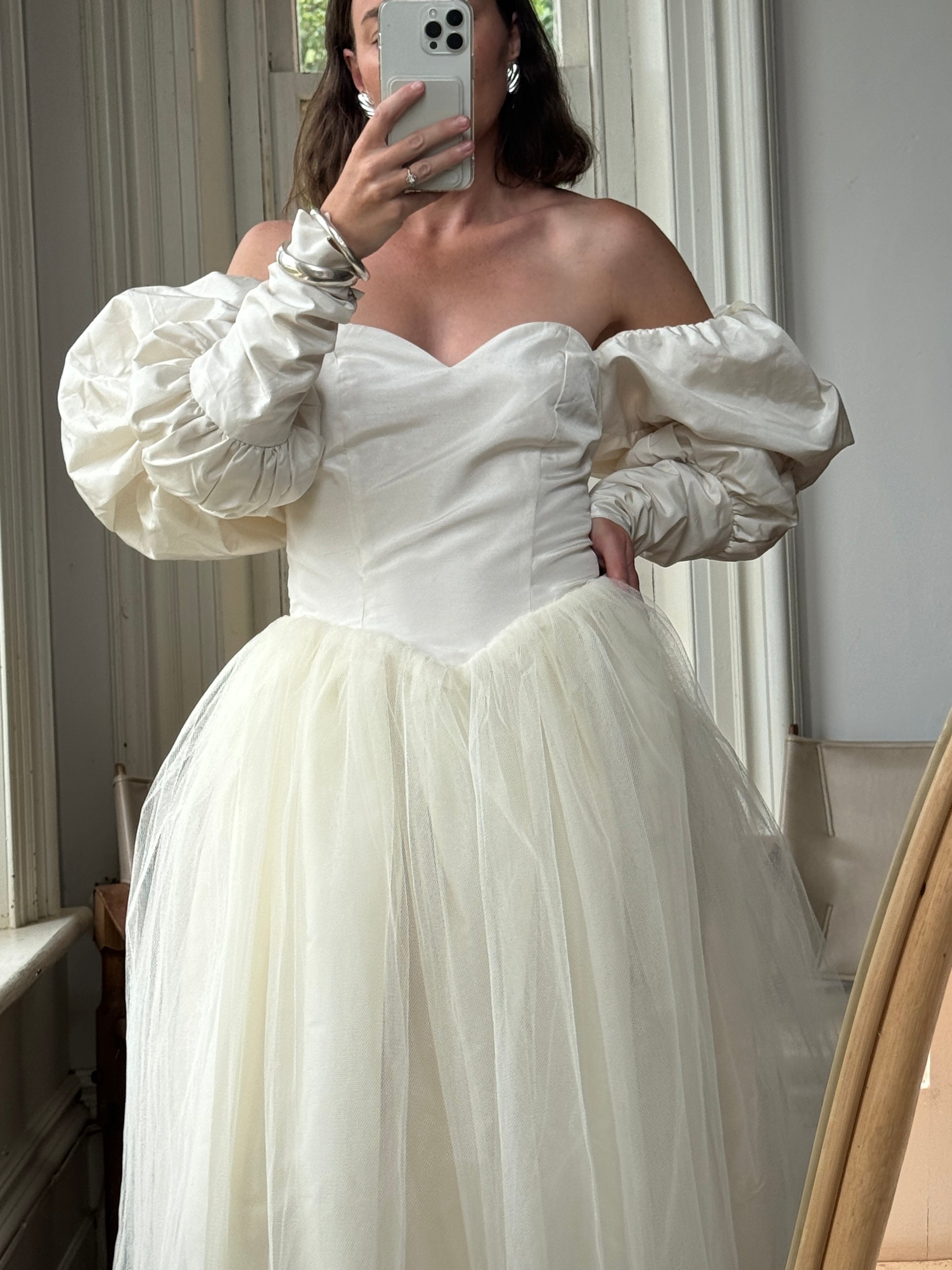 Vintage 80s Pure Silk and Tulle Off Shoulder Wedding Dress