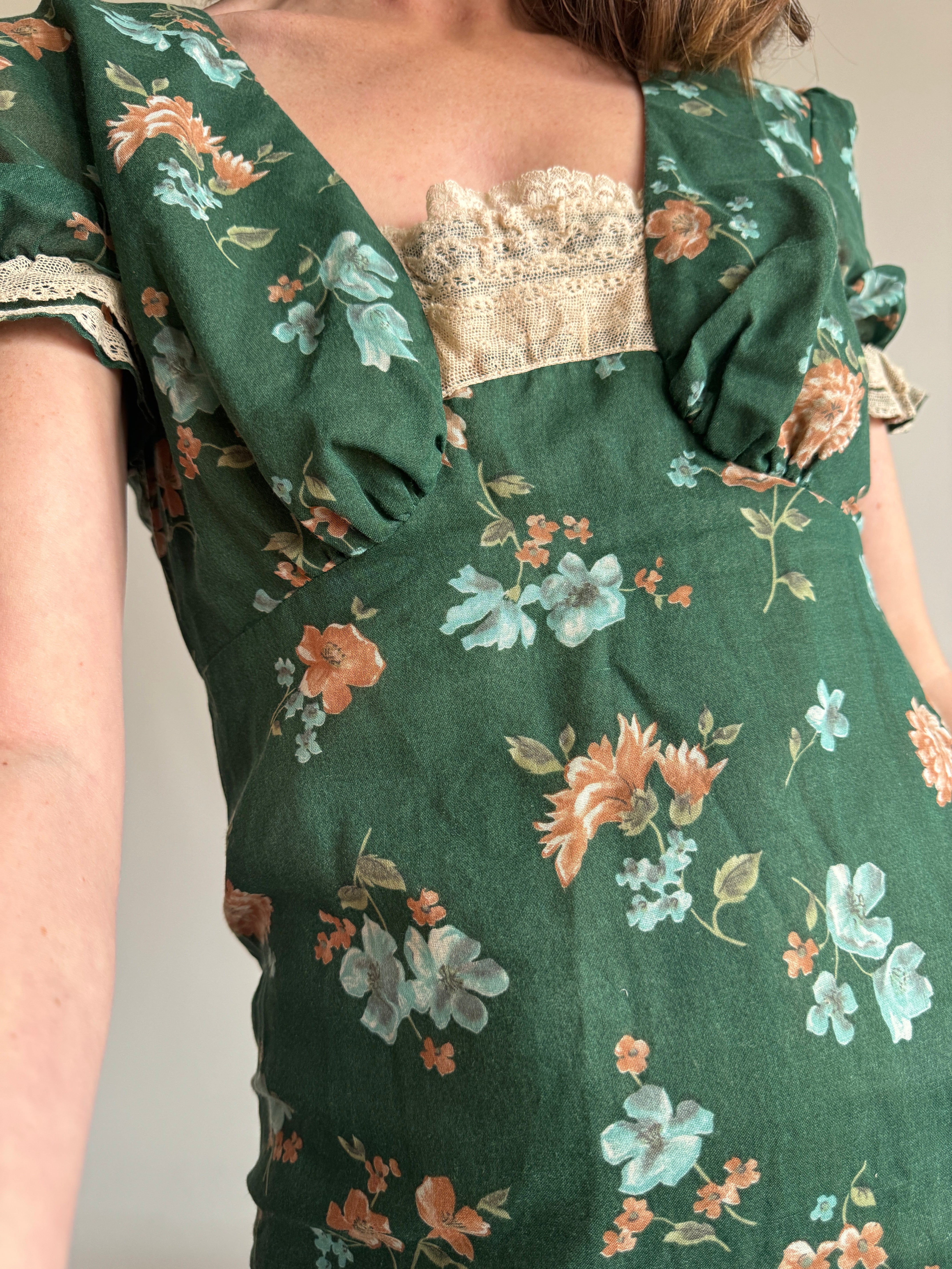 Vintage 70s Teal Garden Dress with Creme Lace