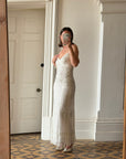 Vintage 90s Pure Silk Beaded Bridal Halter Midi Dress