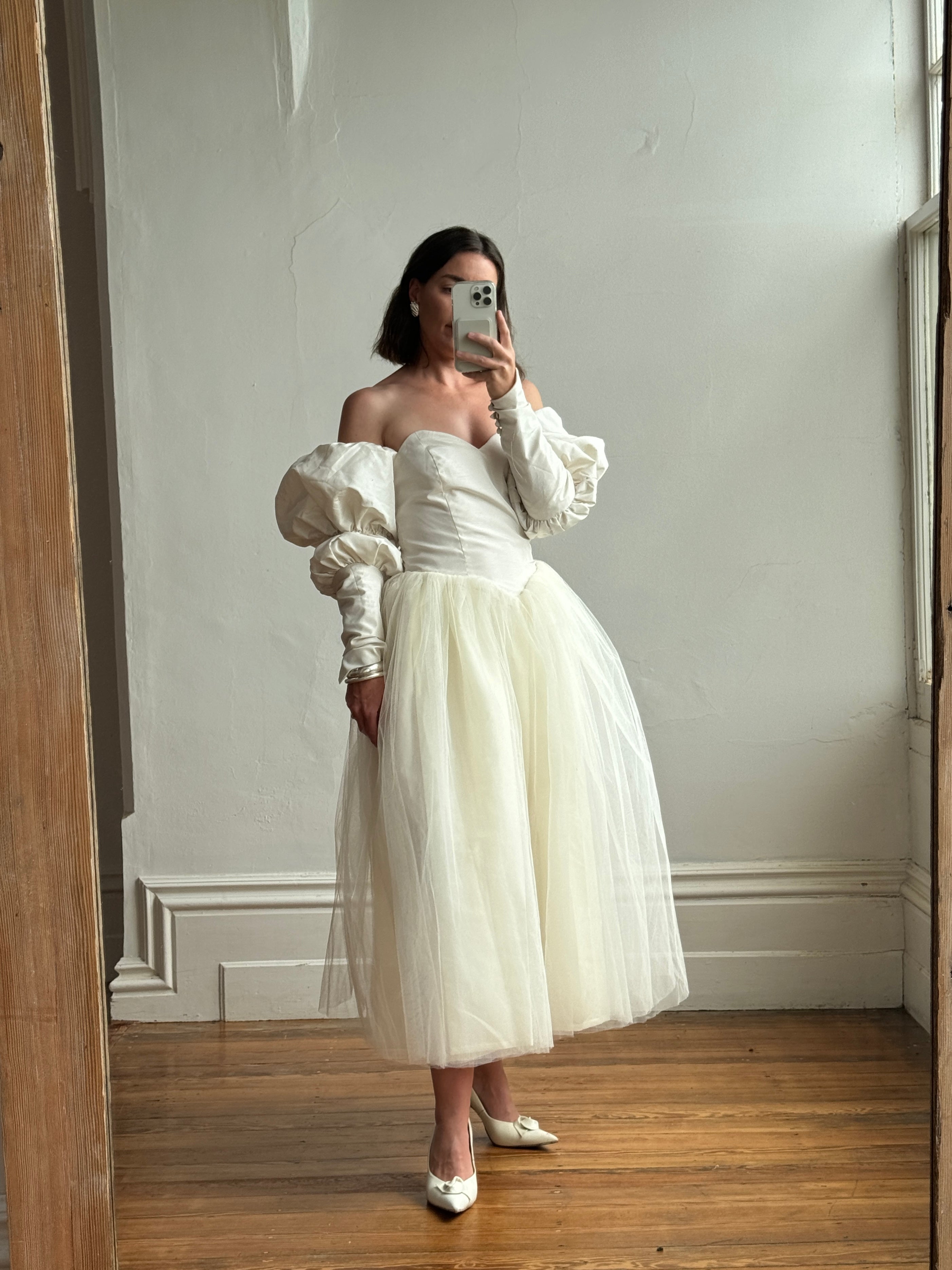 Vintage 80s Pure Silk and Tulle Off Shoulder Wedding Dress