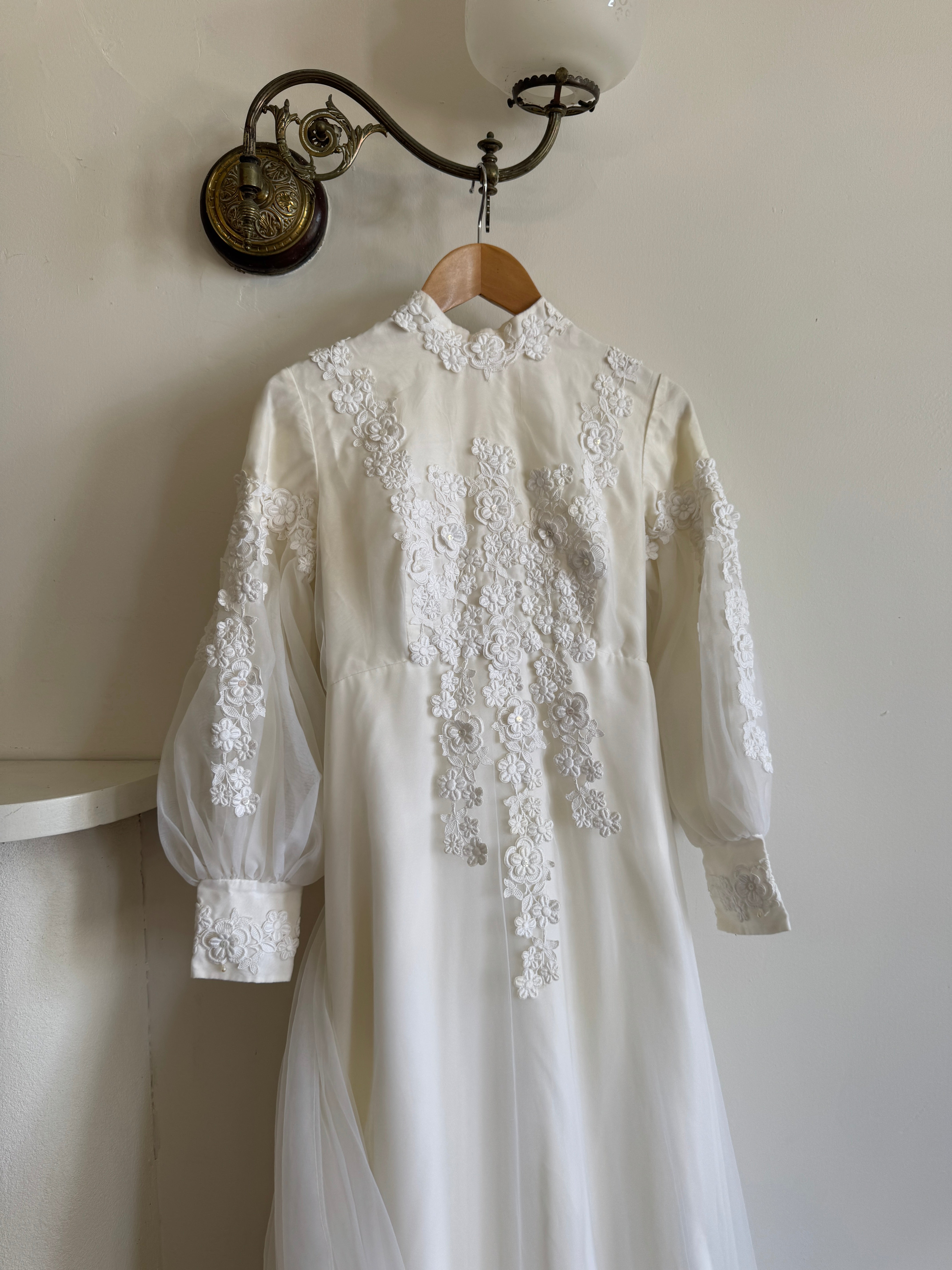 Vintage 60s Chiffon Floral Applique Wedding Gown with Sheer Daisy Train