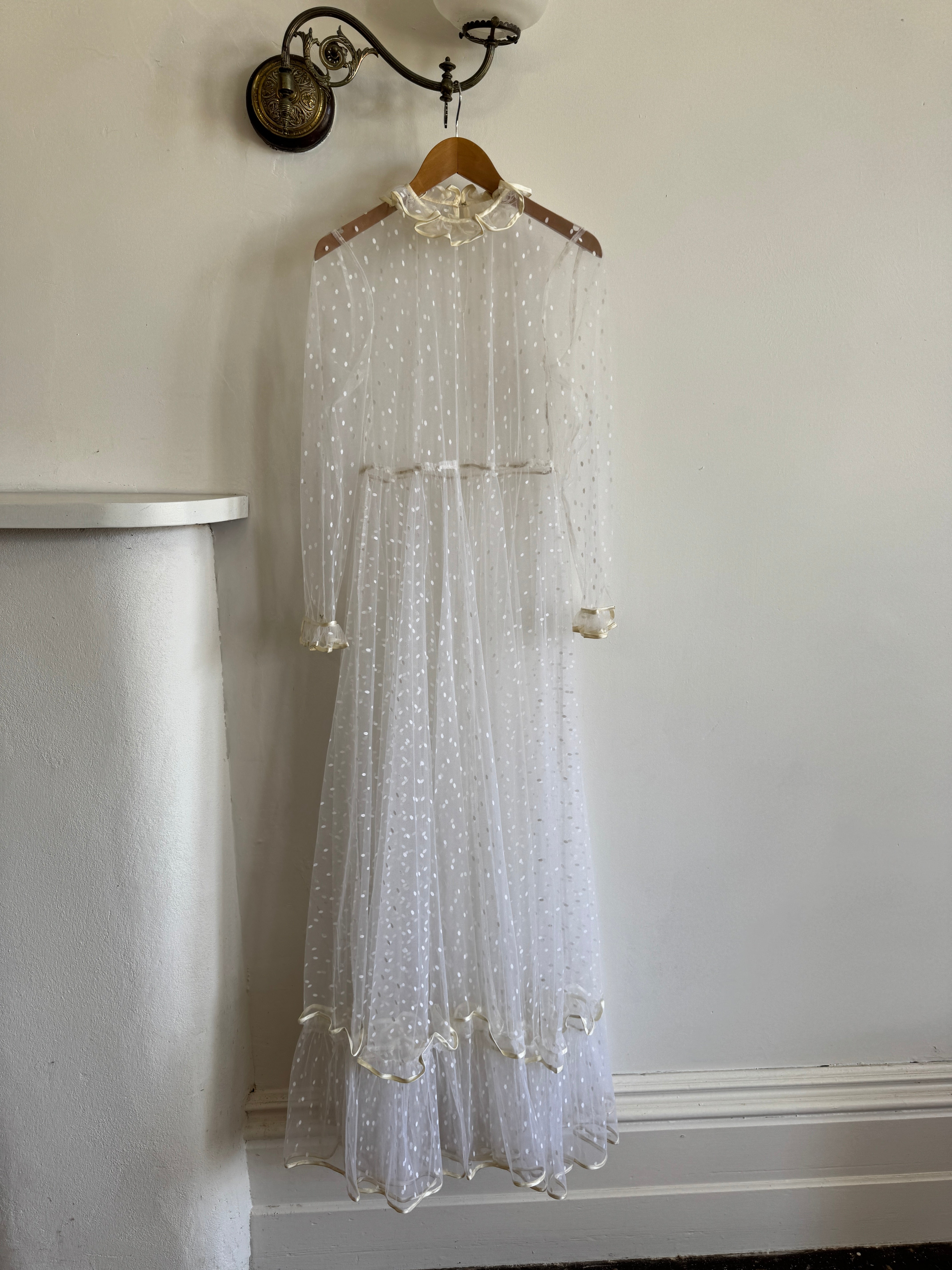 Vintage 70s Sheer Polka Dot Ruffle Bridal Gown