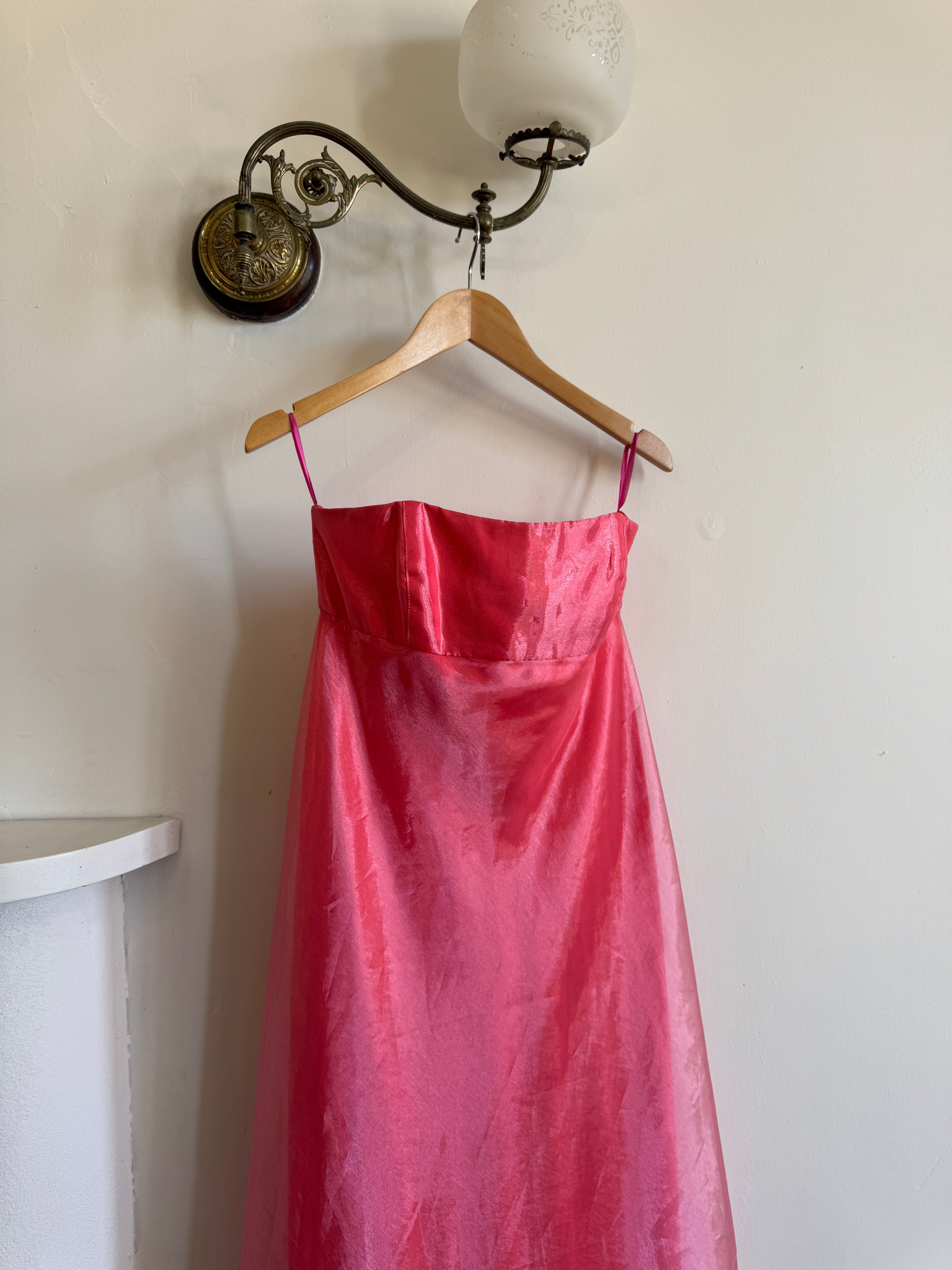 Vintage 90s Watermelon Shimmer Organza Strapless Gown