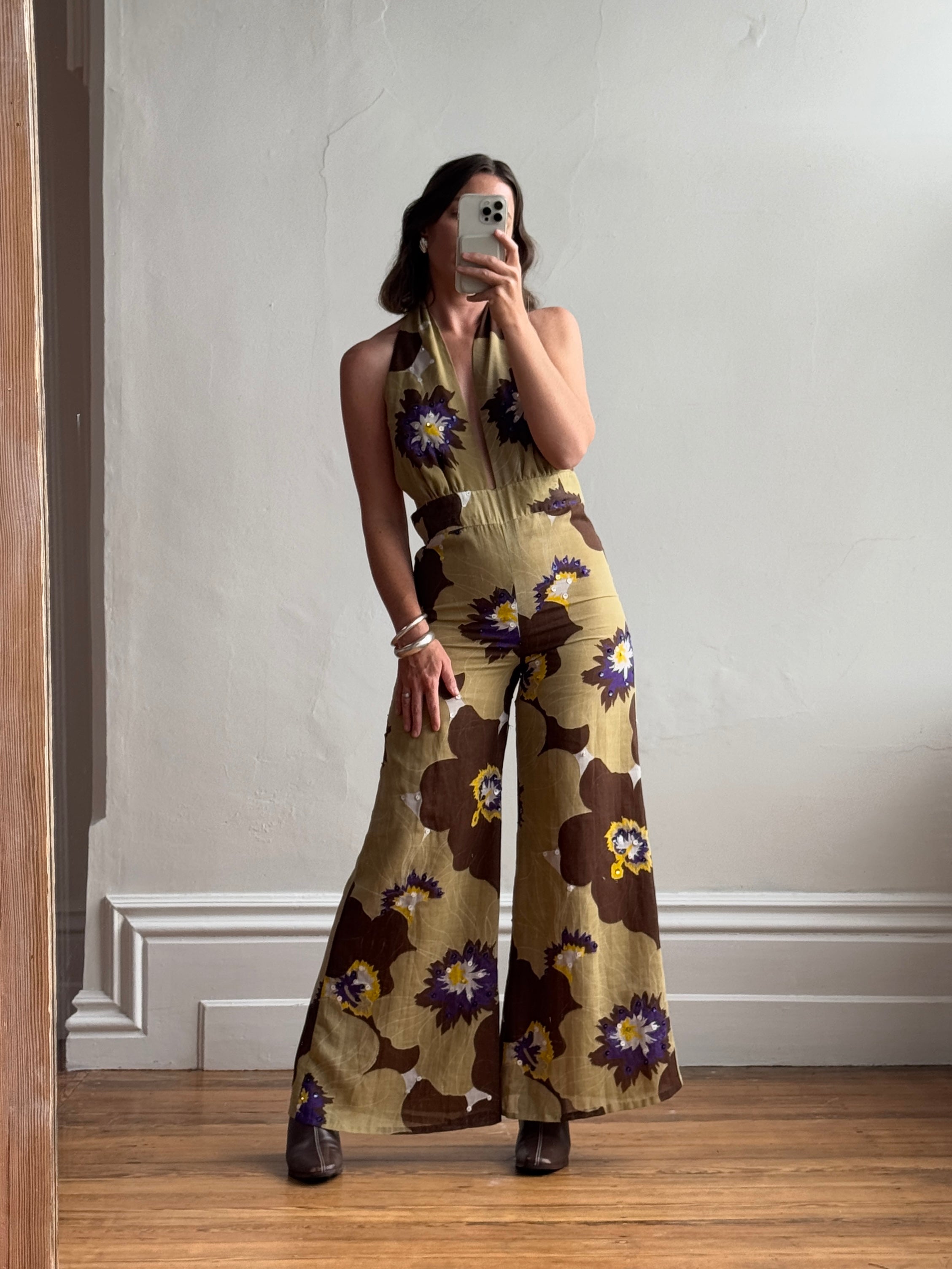 Vintage 70s Floral Backless Palazzo Jumpsuit