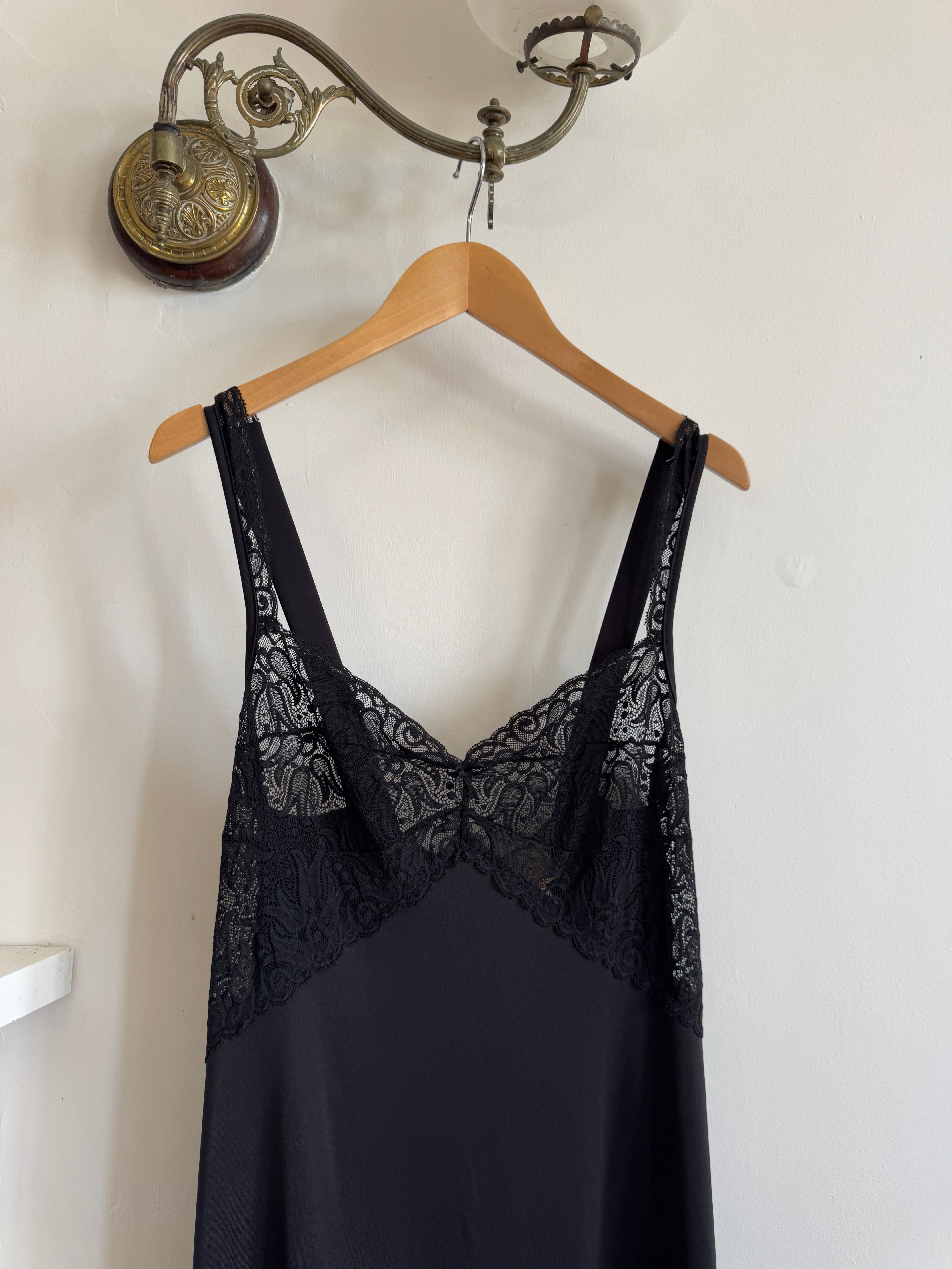 Vintage 80s Black Jersey Lace Slip Midi