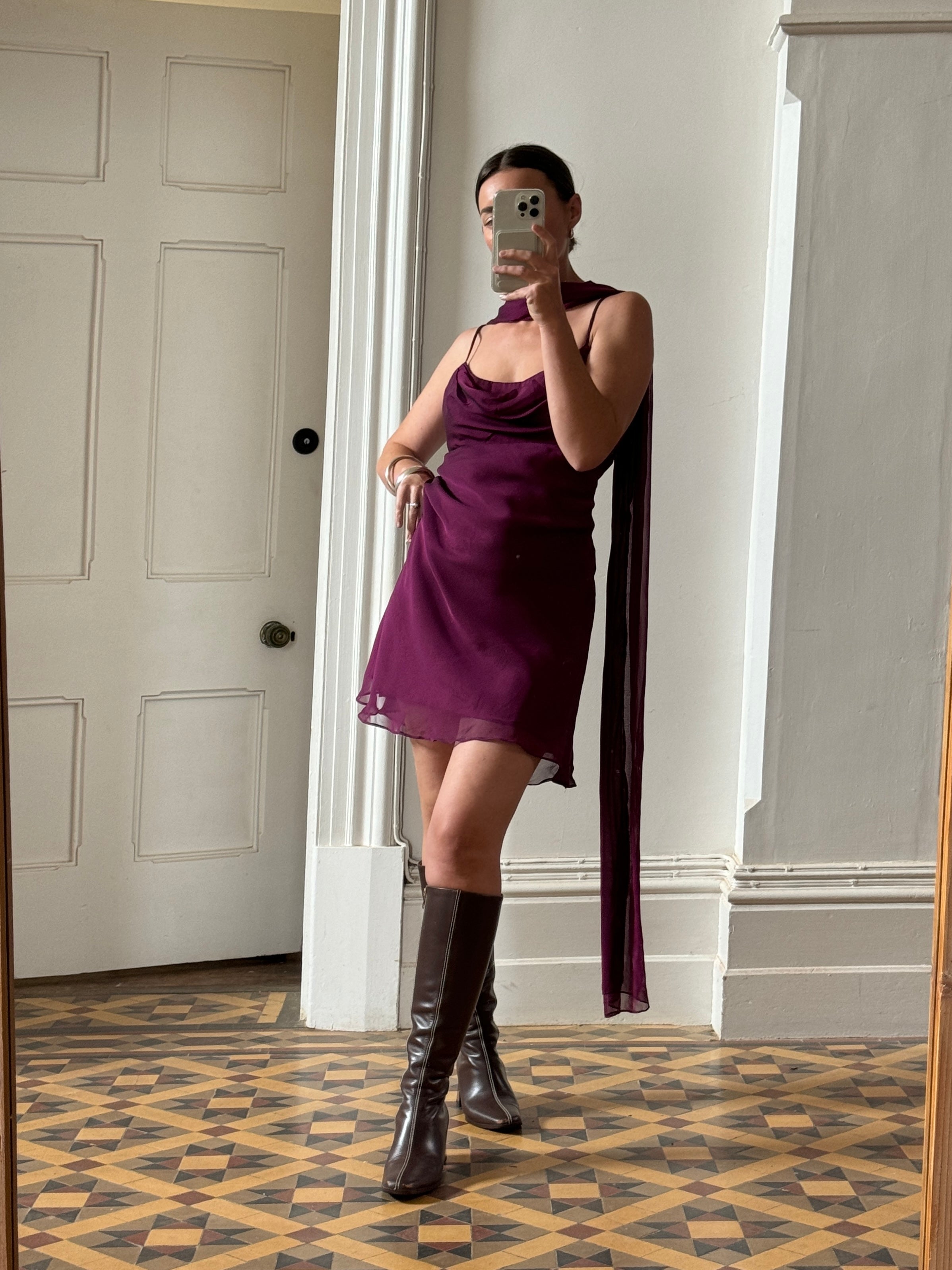 Vintage 90s Eggplant Cowl Neck Mini Dress With Scarf