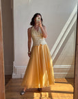 Vintage 80s Golden Chiffon Peplum Evening Gown