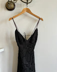 Vintage 90s Pure Silk Bias Cut Embroidered Backless Dress Charcoal