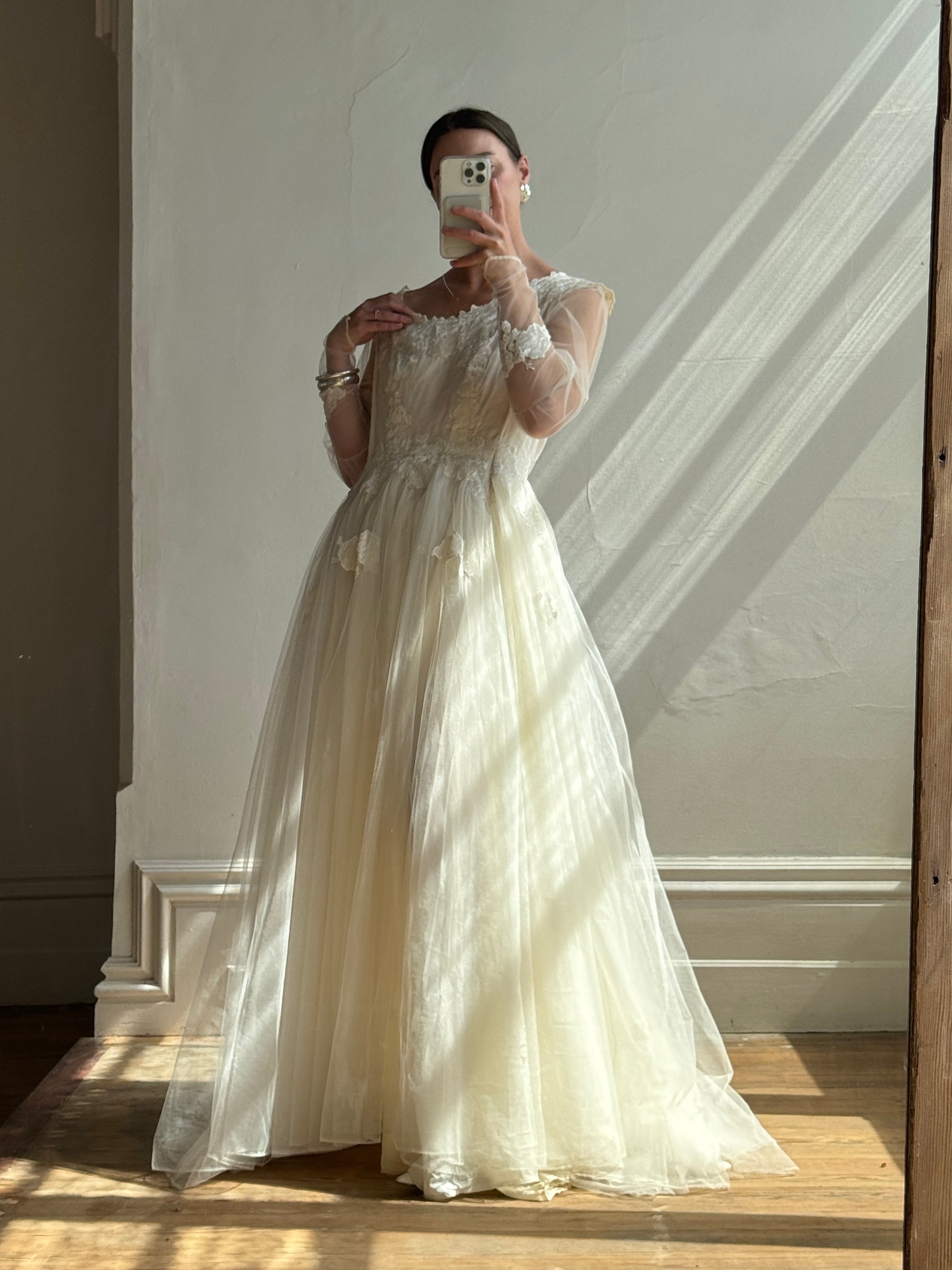 Vintage 70s Tulle and Velvet Long Sleeved Wedding Dress