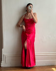 Vintage 90s Pure Silk Beaded Halter Gown Lipstick Red