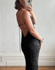 Vintage 90s Pure Silk Bias Cut Embroidered Backless Dress Charcoal