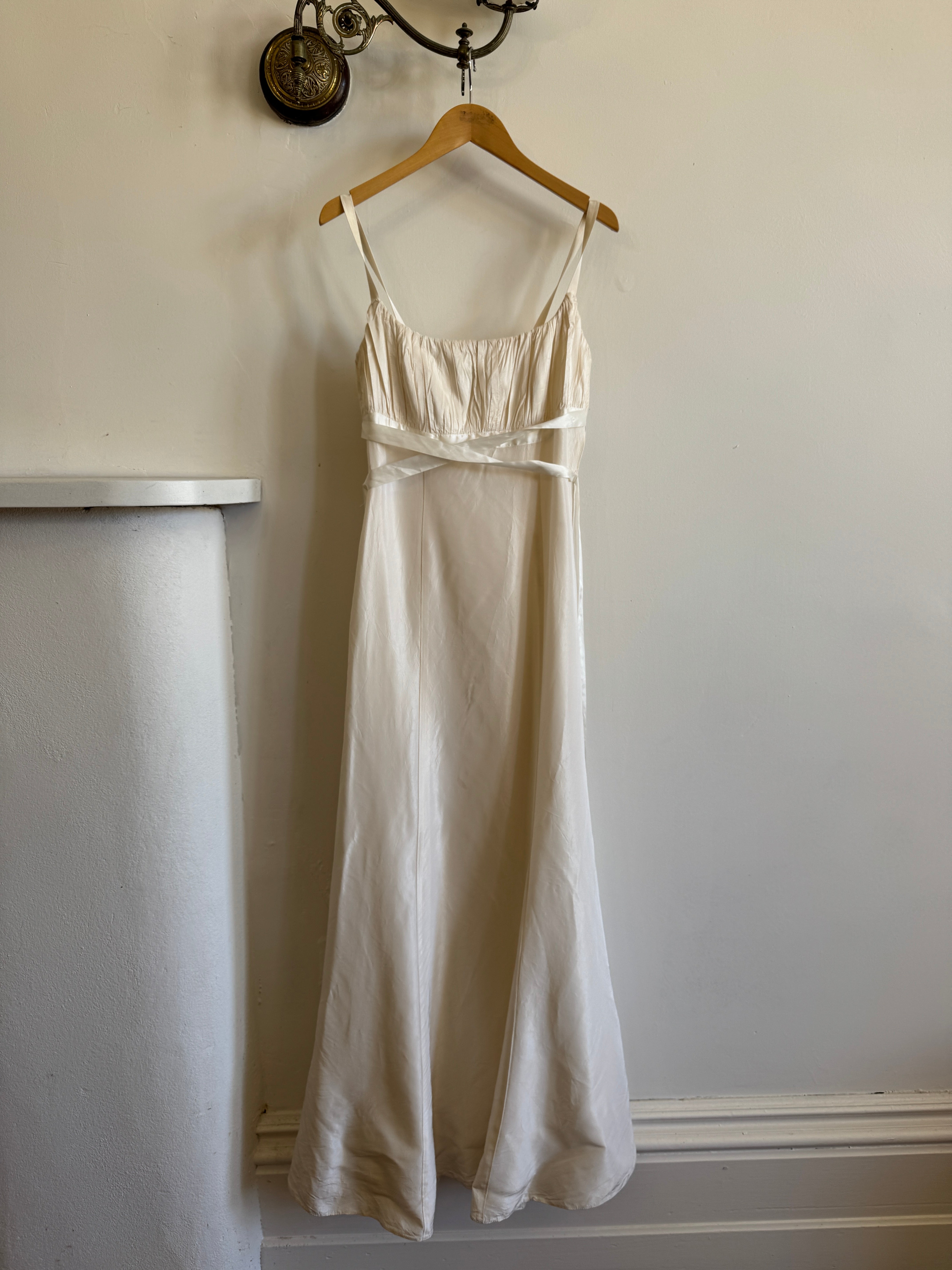 Vintage 90s Ivory Gathered Strappy Gown With Ribbon