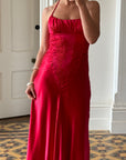 Vintage 90s Pure Silk Beaded Halter Gown Lipstick Red