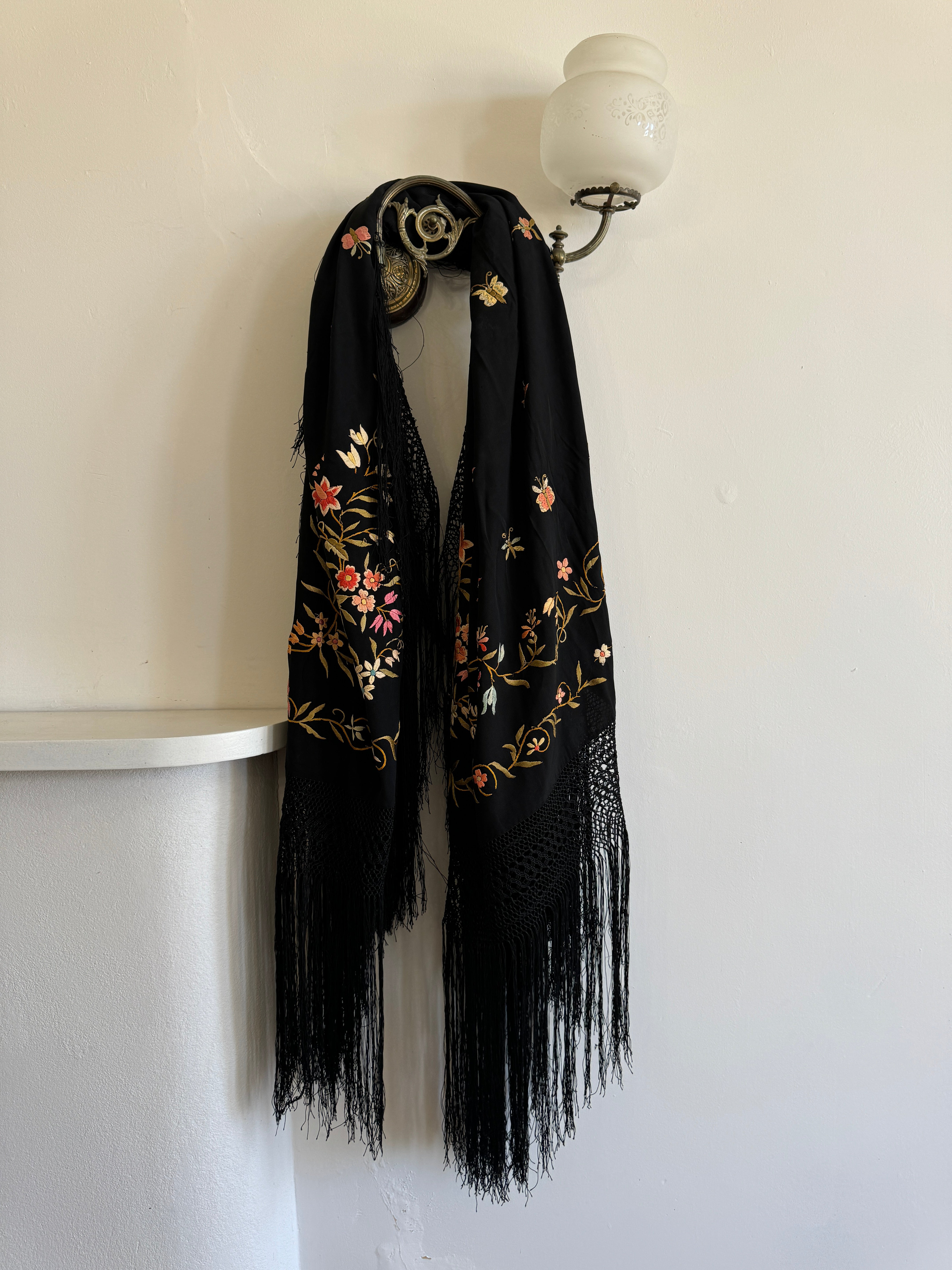 Vintage 70s Giant Embroidered Fringe Shawl