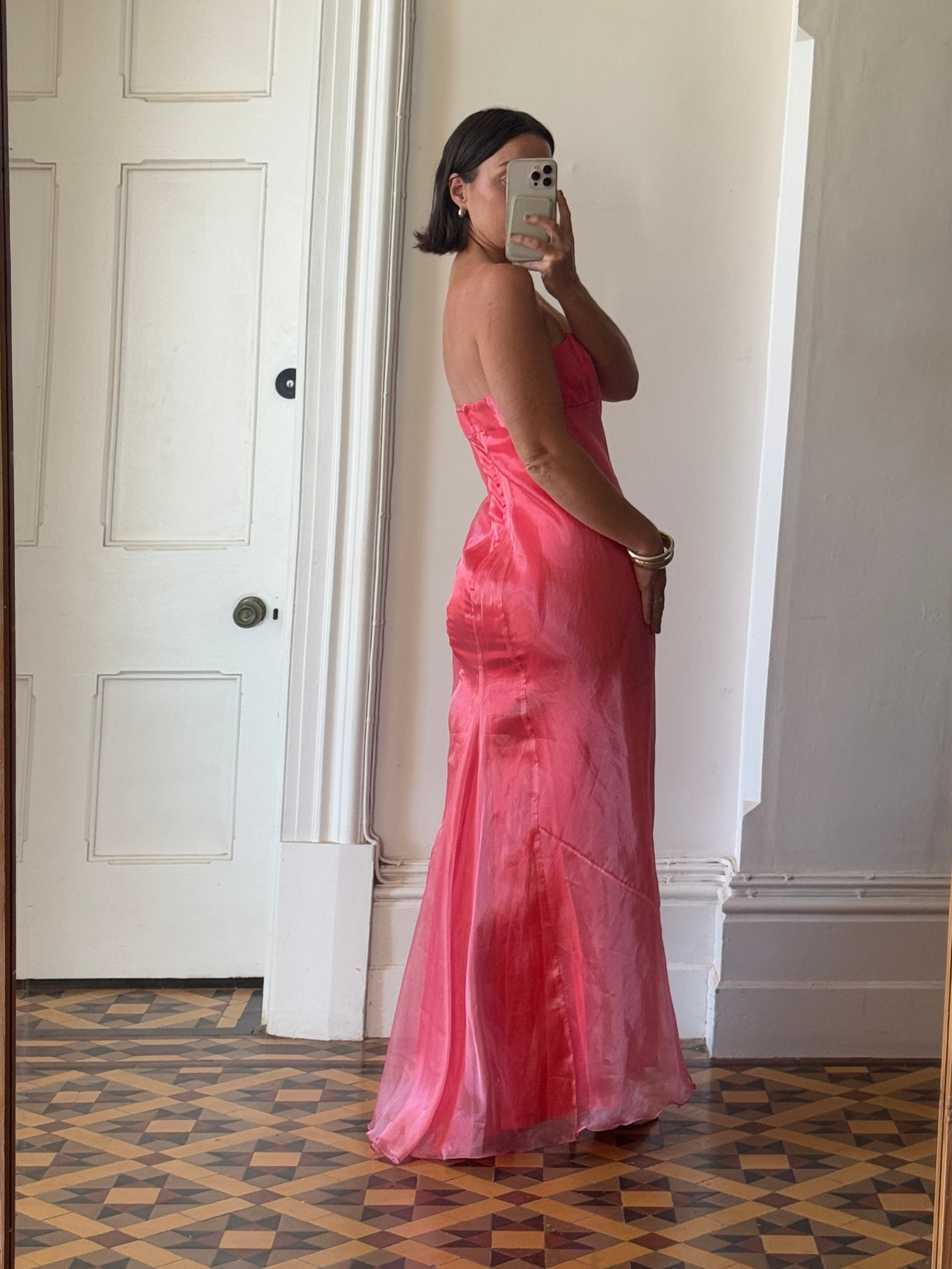 Vintage 90s Watermelon Shimmer Organza Strapless Gown