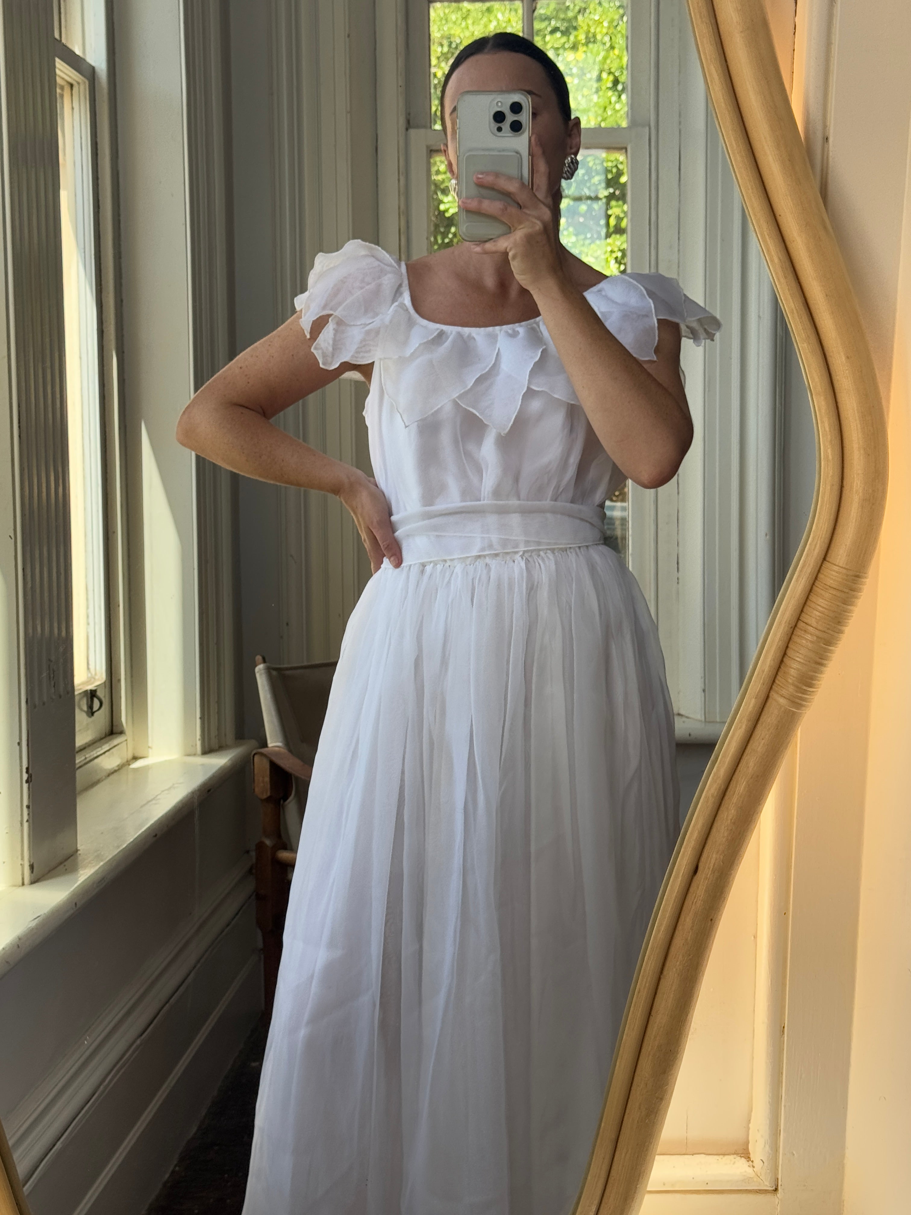 Vintage 70s Organza Fairy Teardrop Wedding Dress