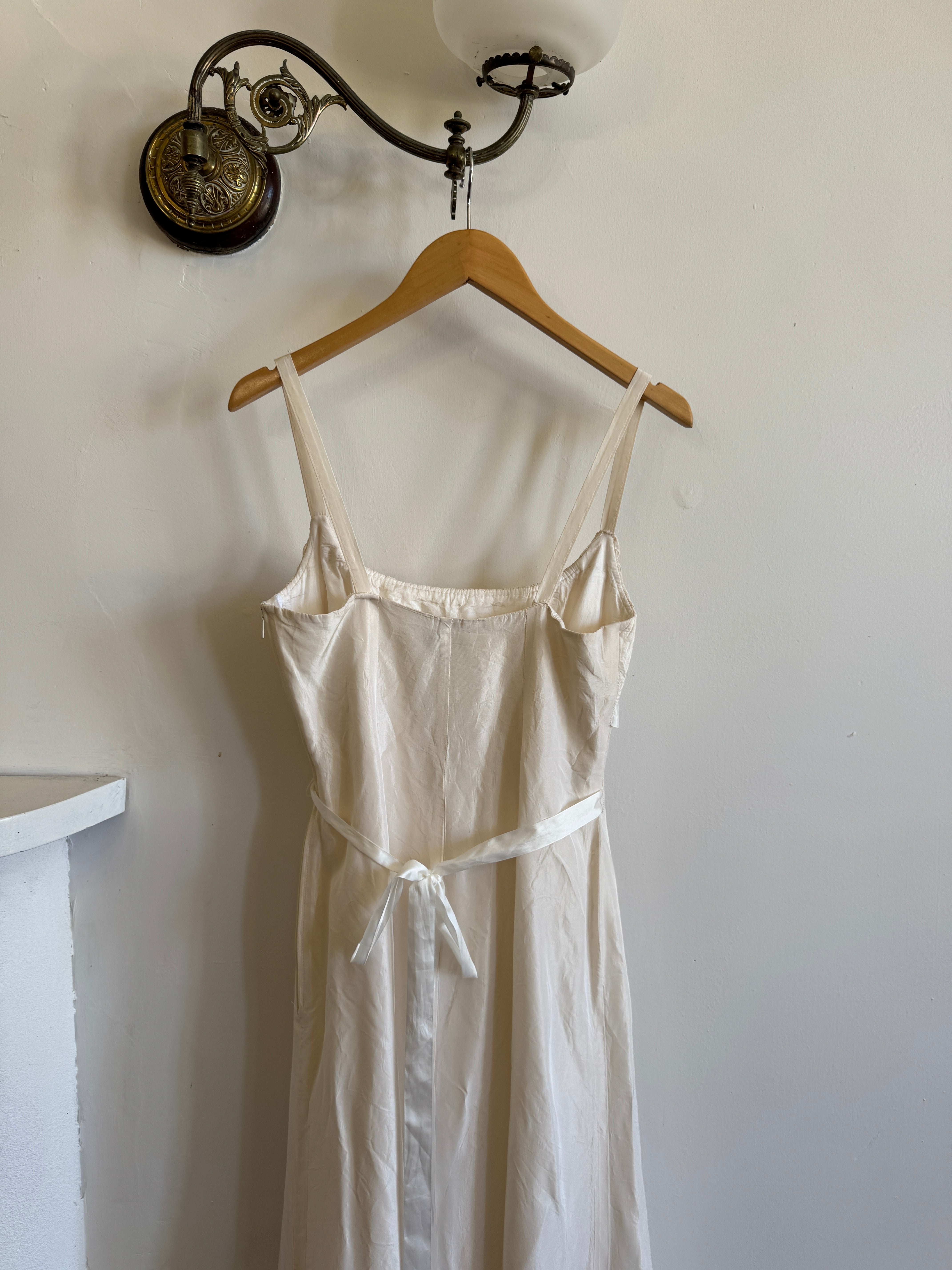 Vintage 90s Ivory Gathered Strappy Gown With Ribbon