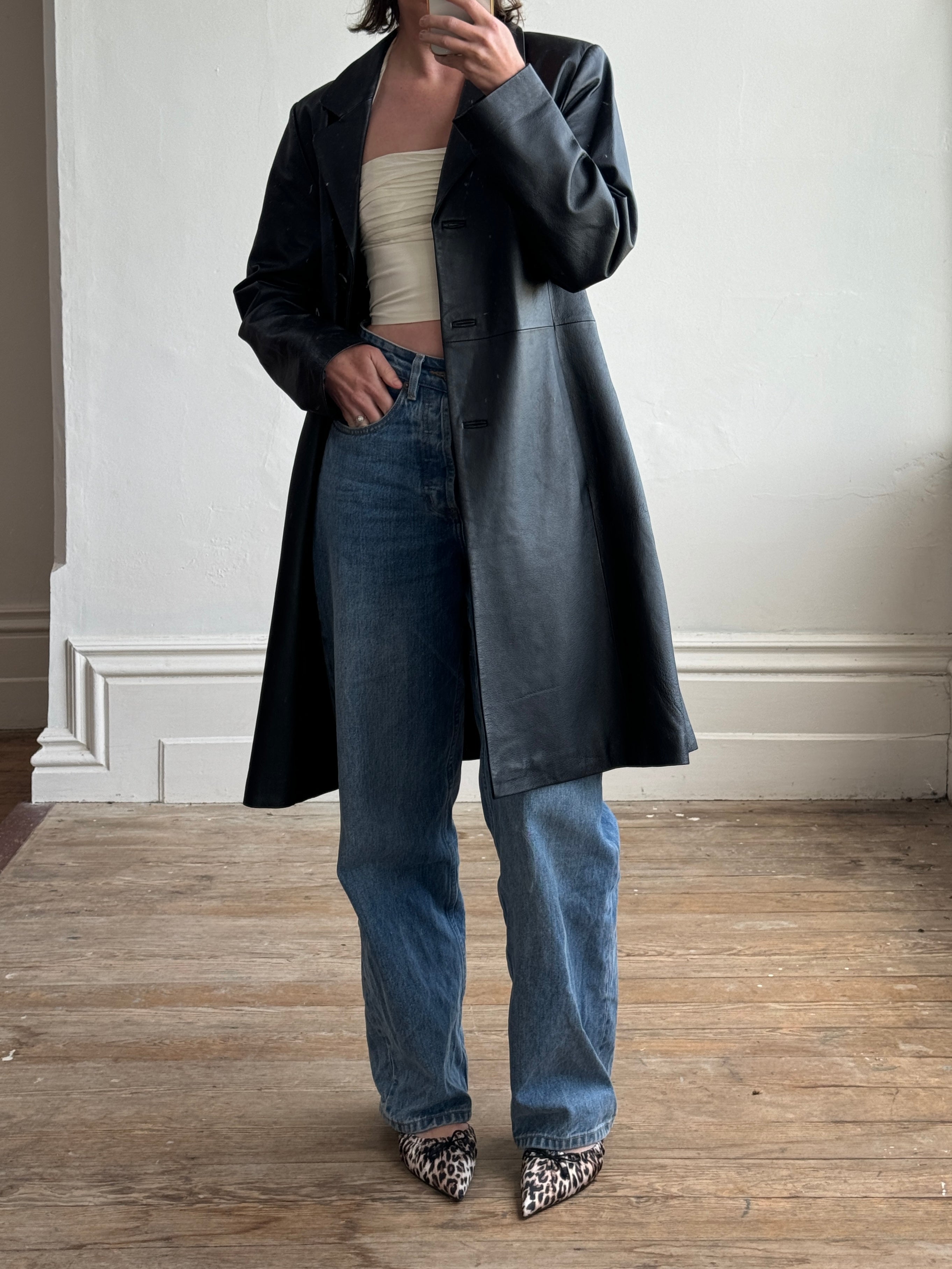 Vintage 90s Leather A Line Trench