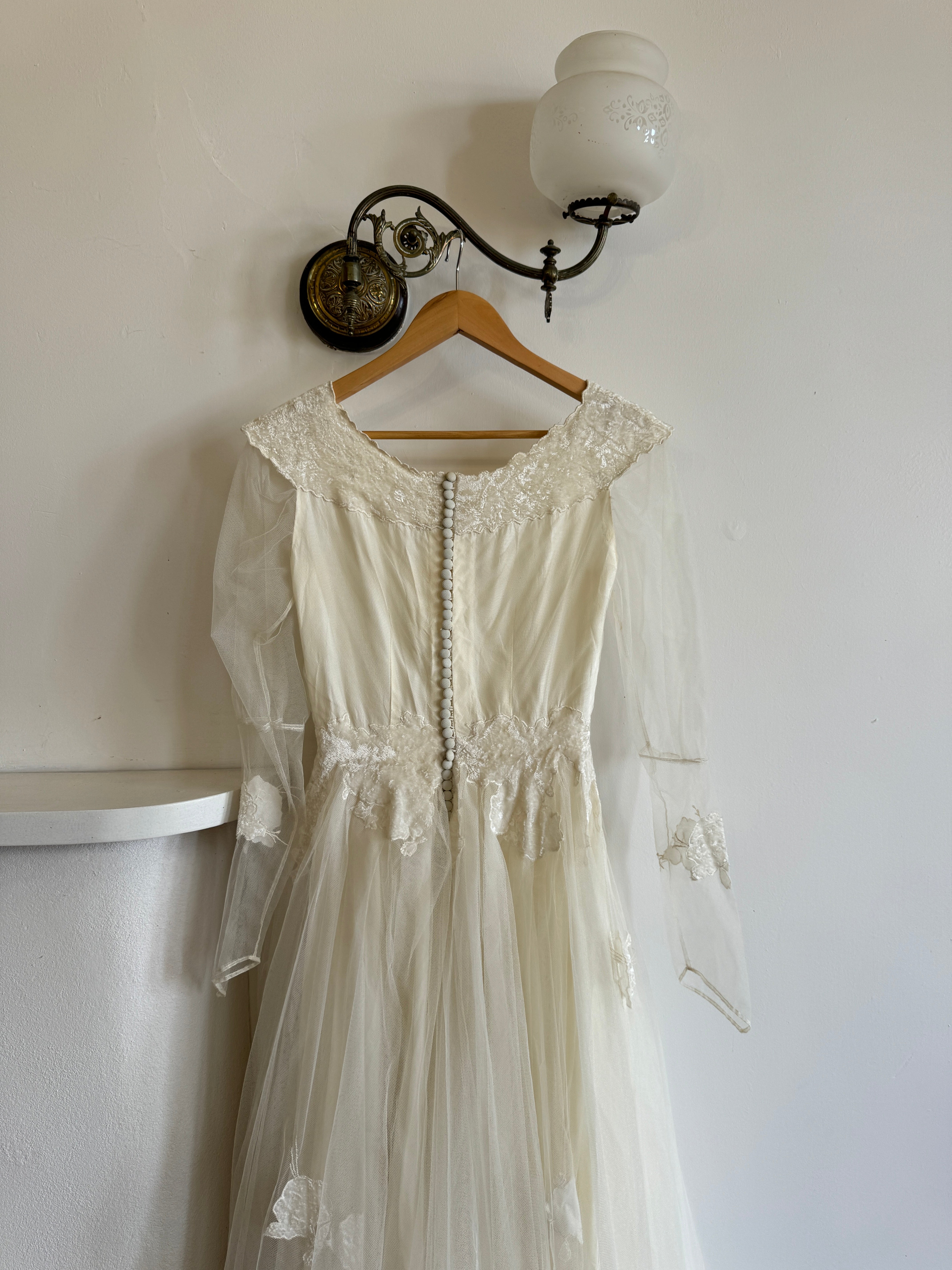 Vintage 70s Tulle and Velvet Long Sleeved Wedding Dress