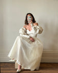 Vintage 80s Pure Silk and Tulle Off Shoulder Wedding Dress