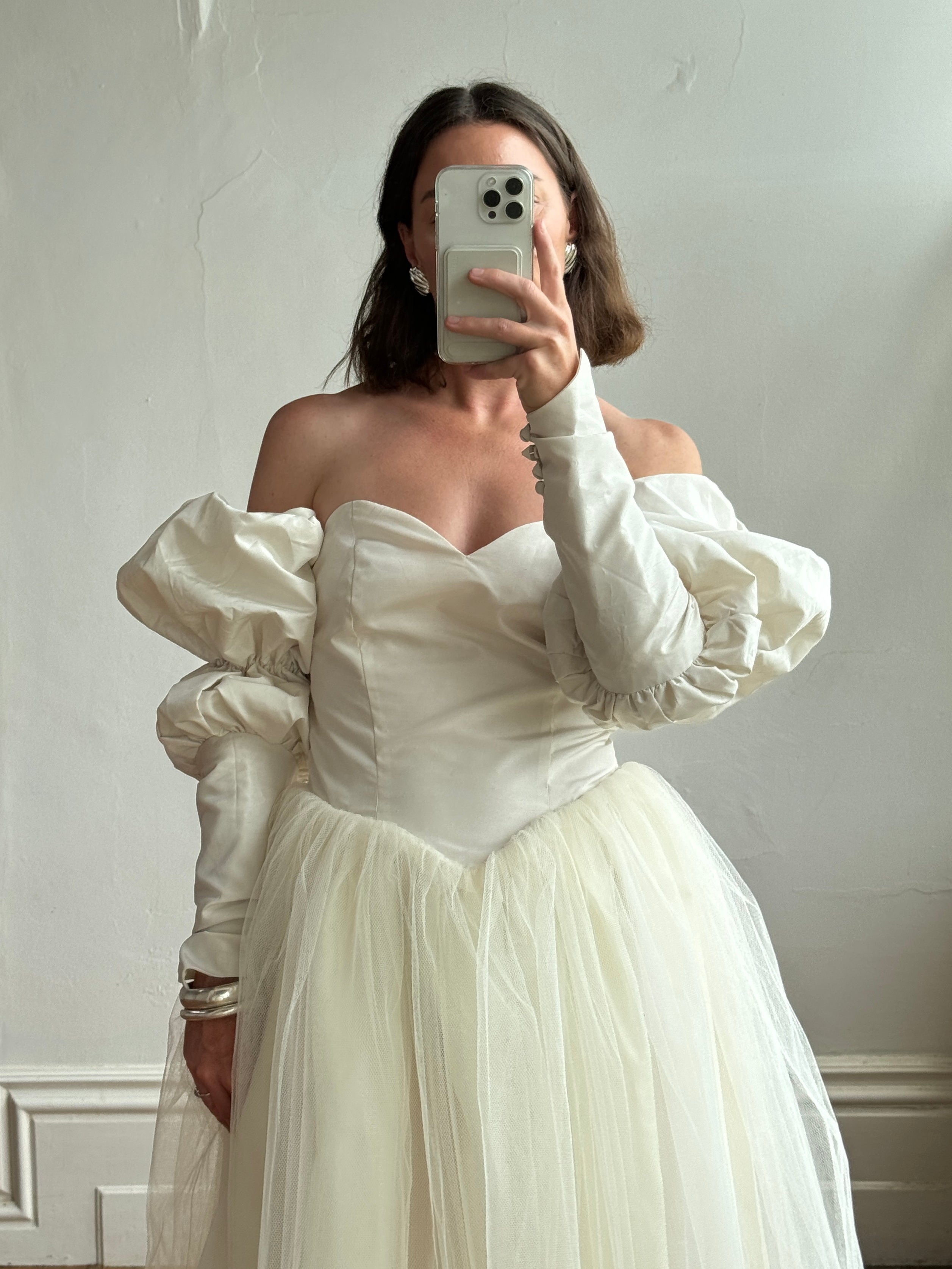 Vintage 80s Pure Silk and Tulle Off Shoulder Wedding Dress