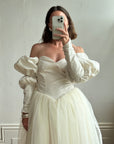 Vintage 80s Pure Silk and Tulle Off Shoulder Wedding Dress