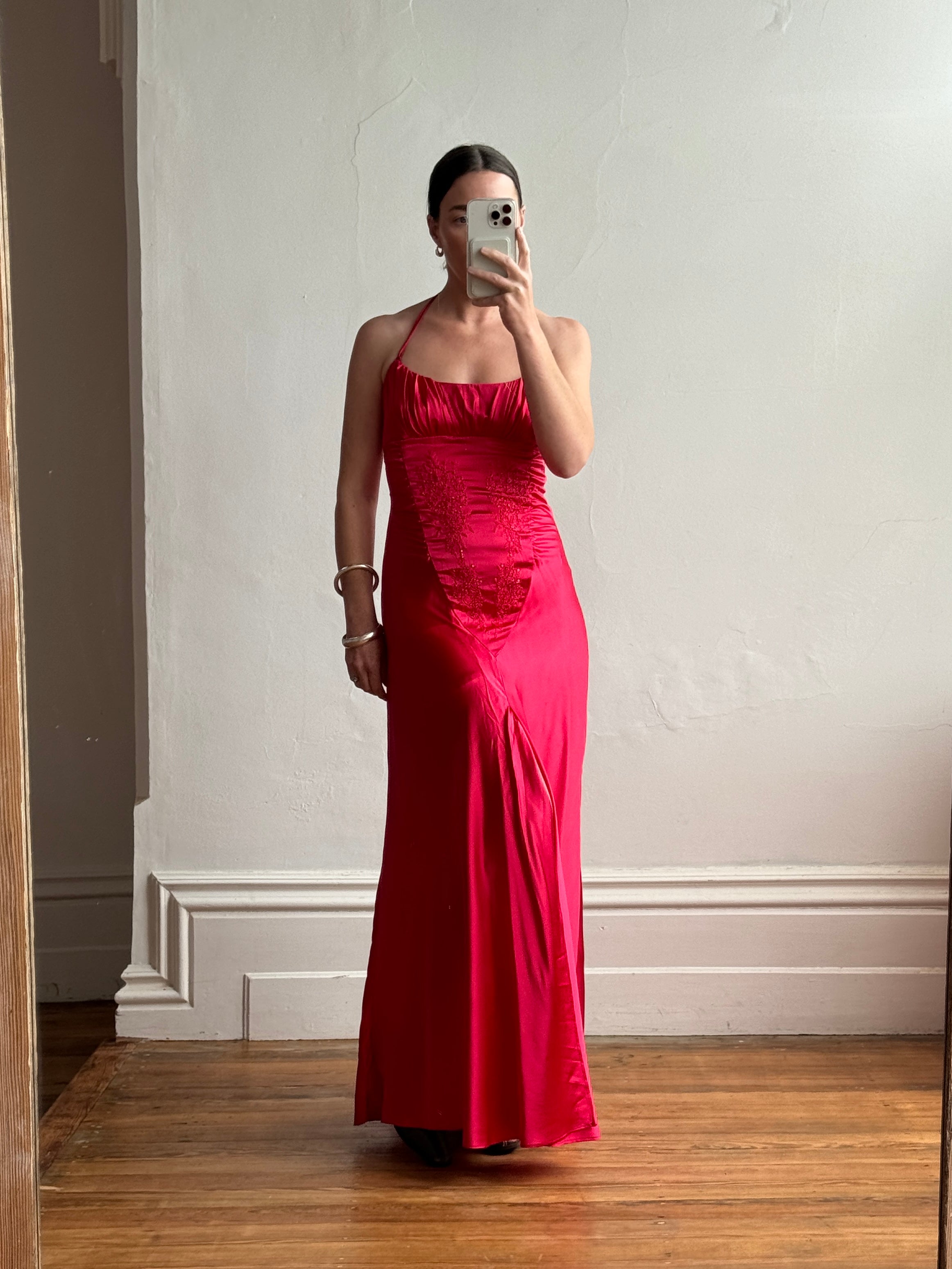 Vintage 90s Pure Silk Beaded Halter Gown Lipstick Red