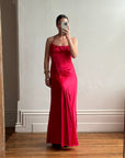 Vintage 90s Pure Silk Beaded Halter Gown Lipstick Red