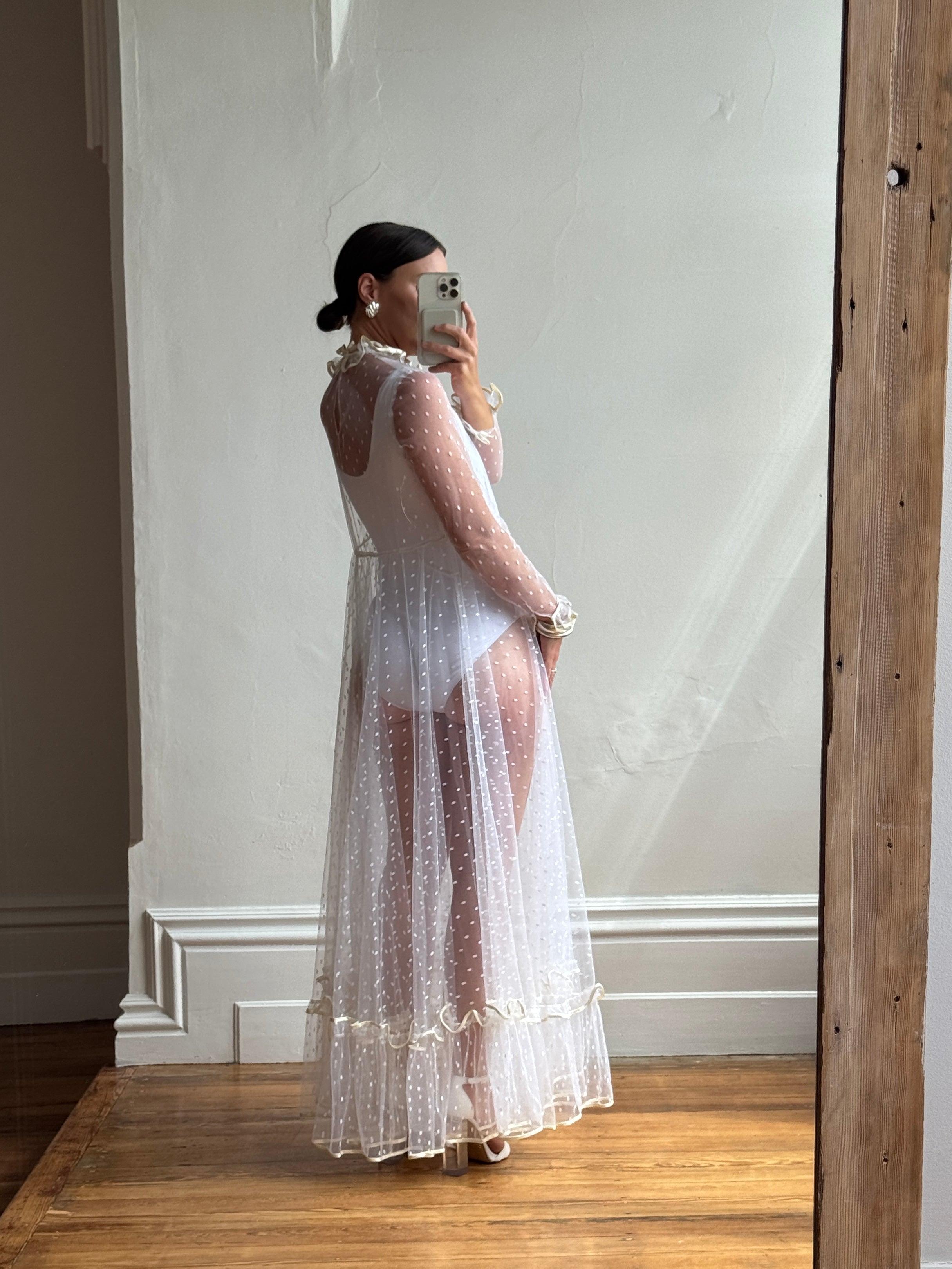 Vintage 70s Sheer Polka Dot Ruffle Bridal Gown